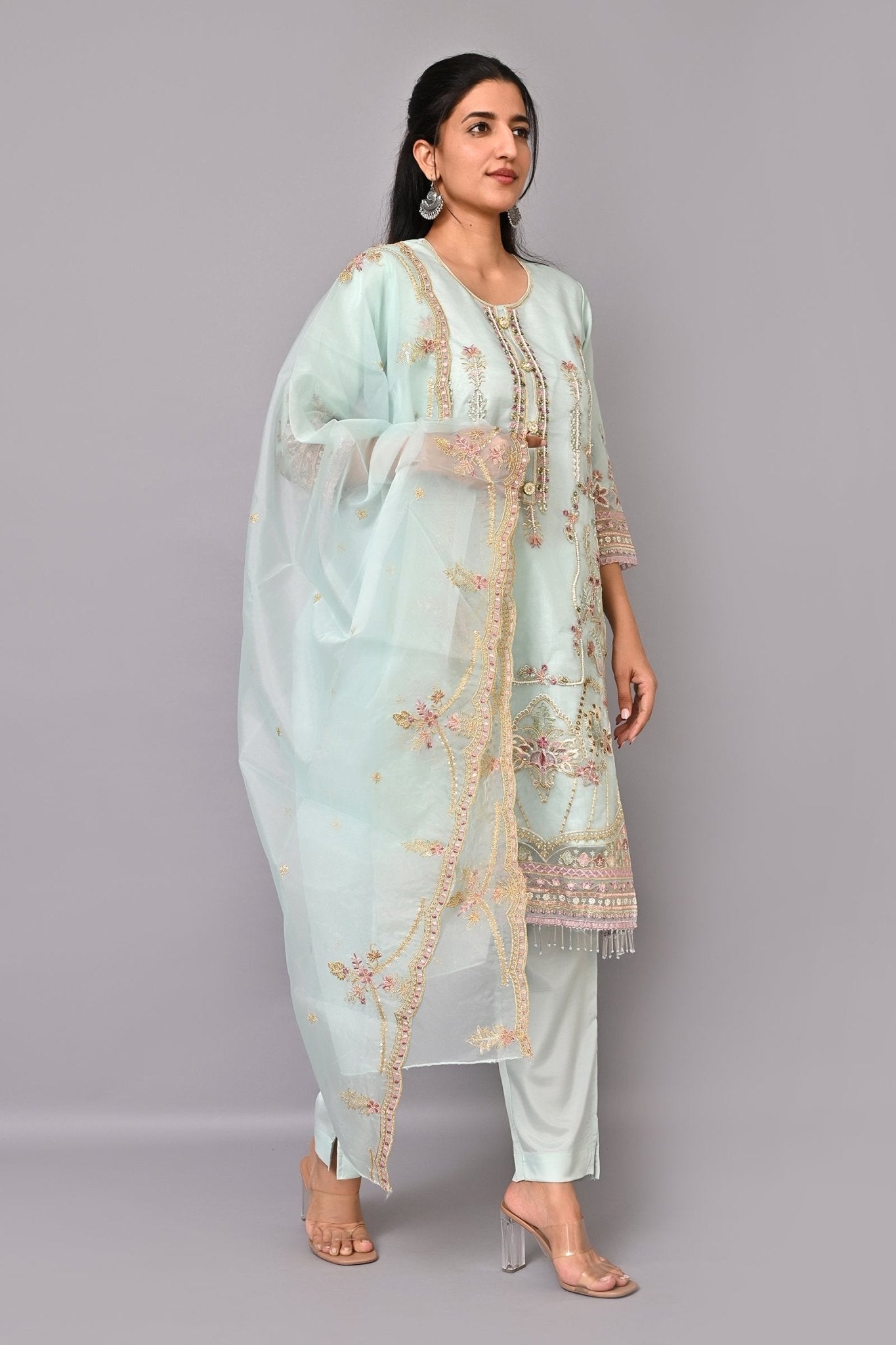 Ice Blue Embroidered Kurta Set with Pant and Dupatta - DWEEP SARA