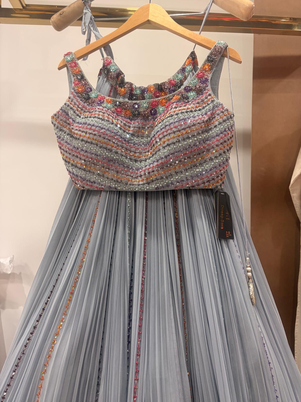 Icy Blue / Powder Blue Fabric Premium Pleated Georgette Work Multi - color Sequins, Beads, and Stone Work Lehenga - DWEEP SARA