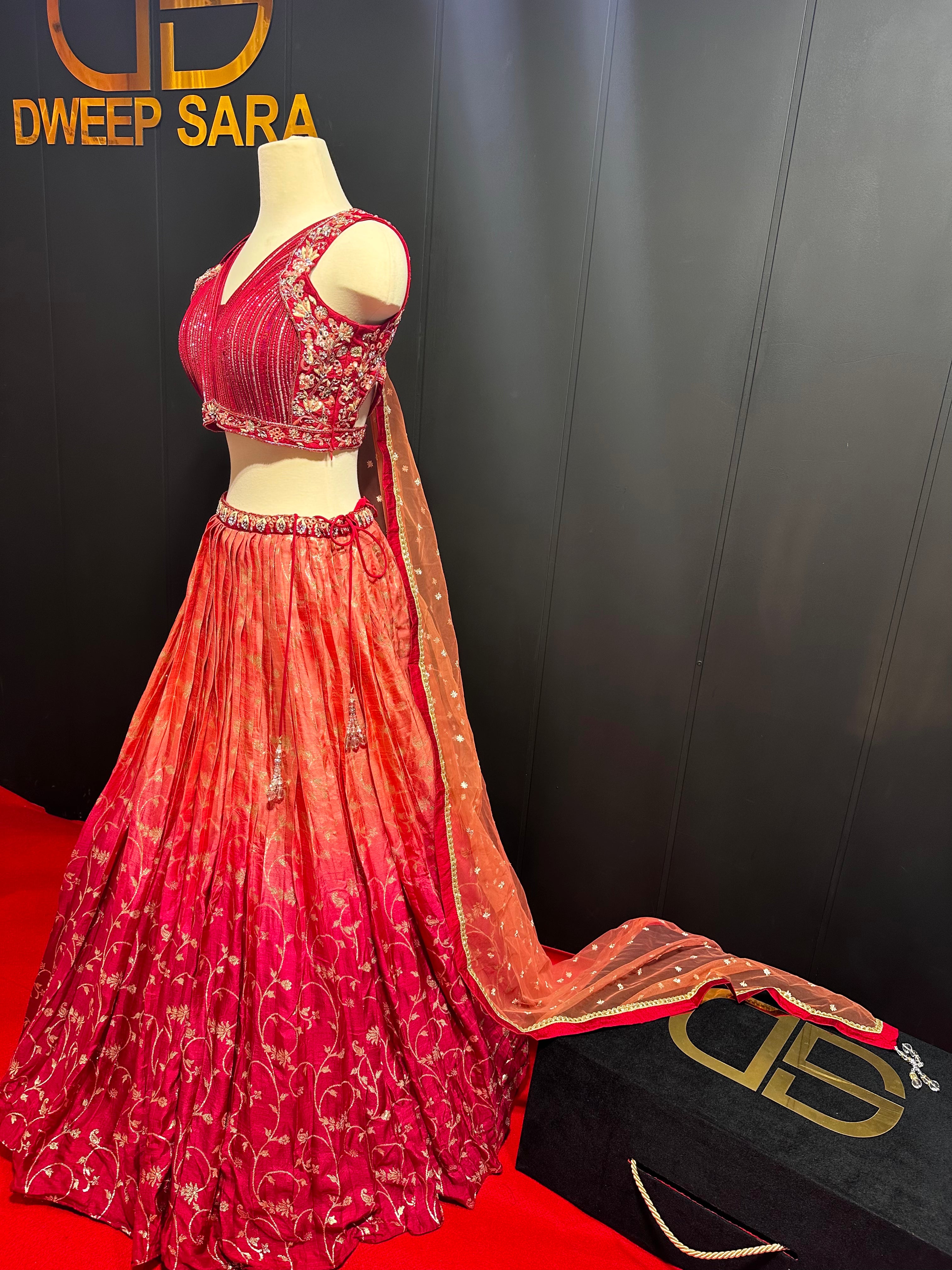 Maroon Orange Double Shaded Handwork Rawsilk Lehenga