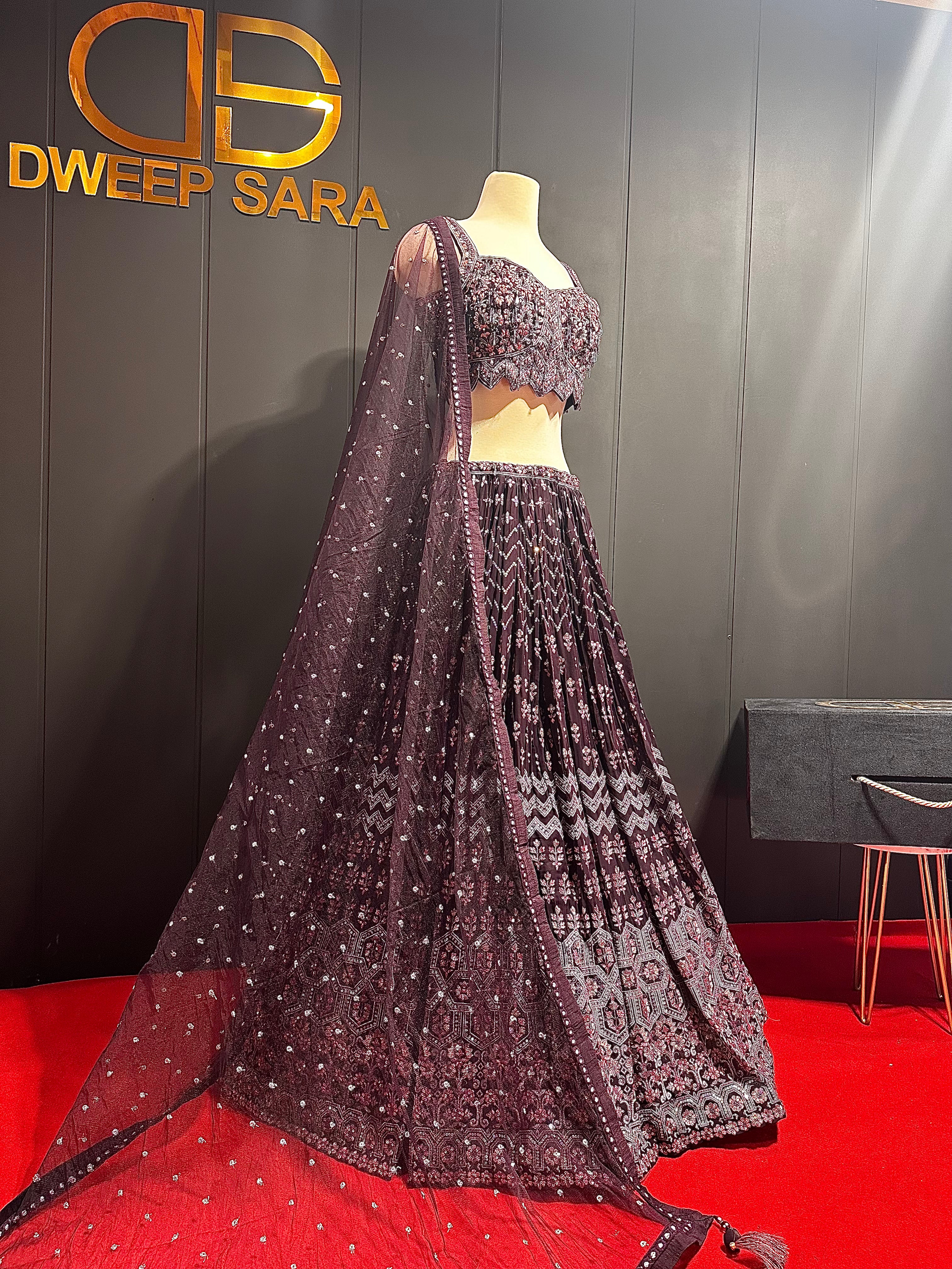 Raw Silk Wine Handmade Resham ThreadWork Lehenga