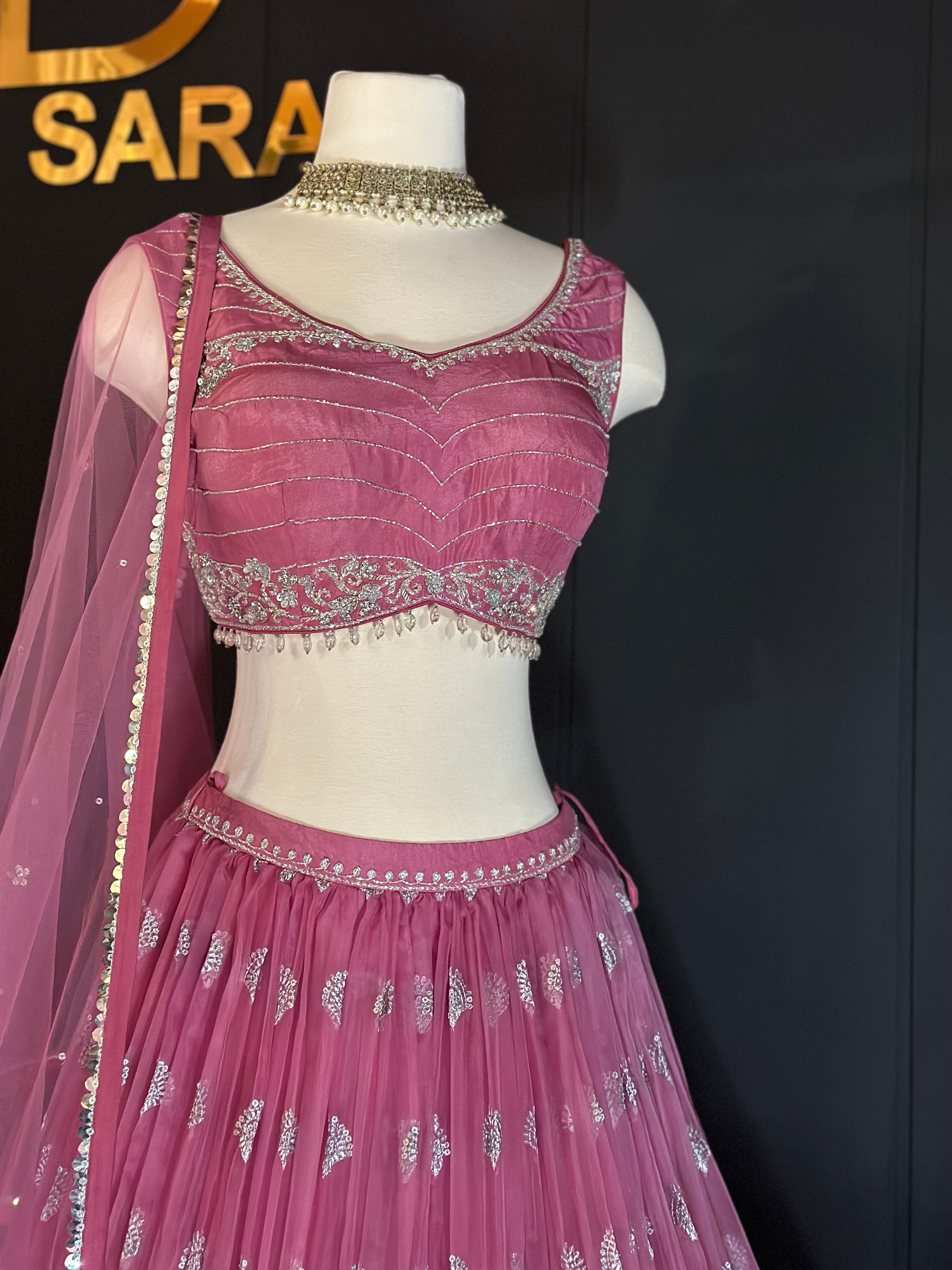 Pink Raw Silk Handmade Sequins Lehenga