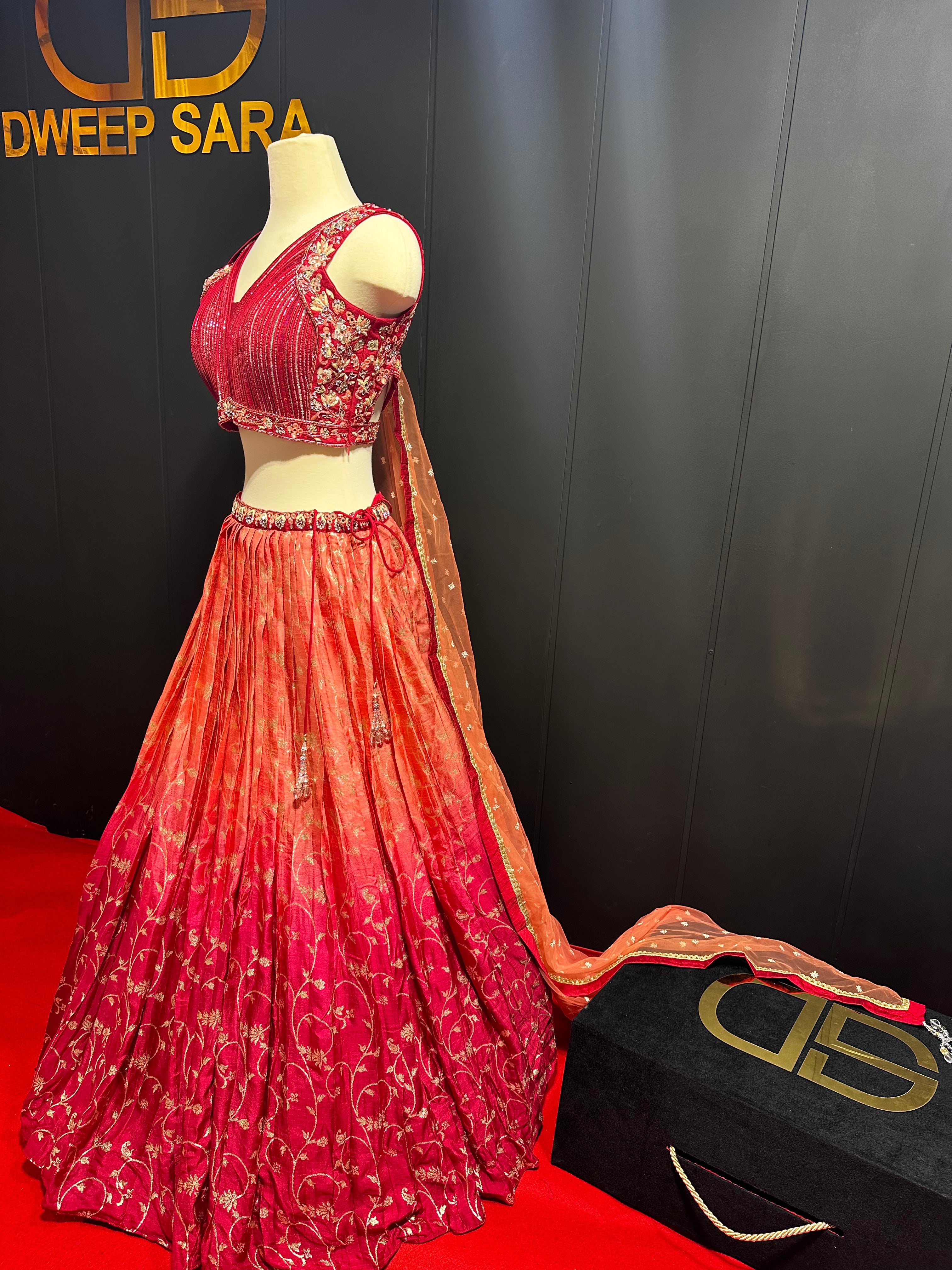 Maroon Orange Double Shaded Handwork Rawsilk Lehenga