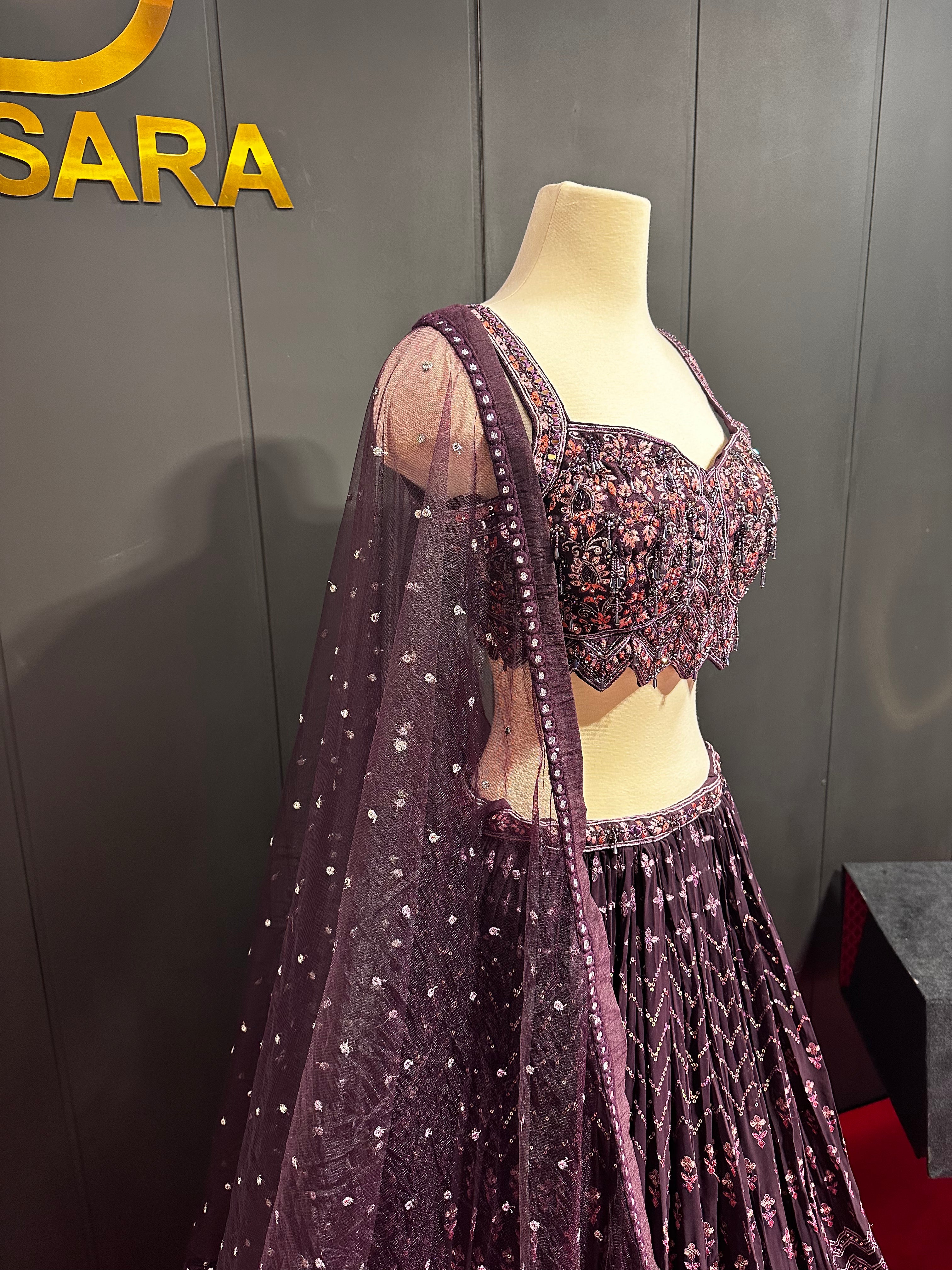 Raw Silk Wine Handmade Resham ThreadWork Lehenga