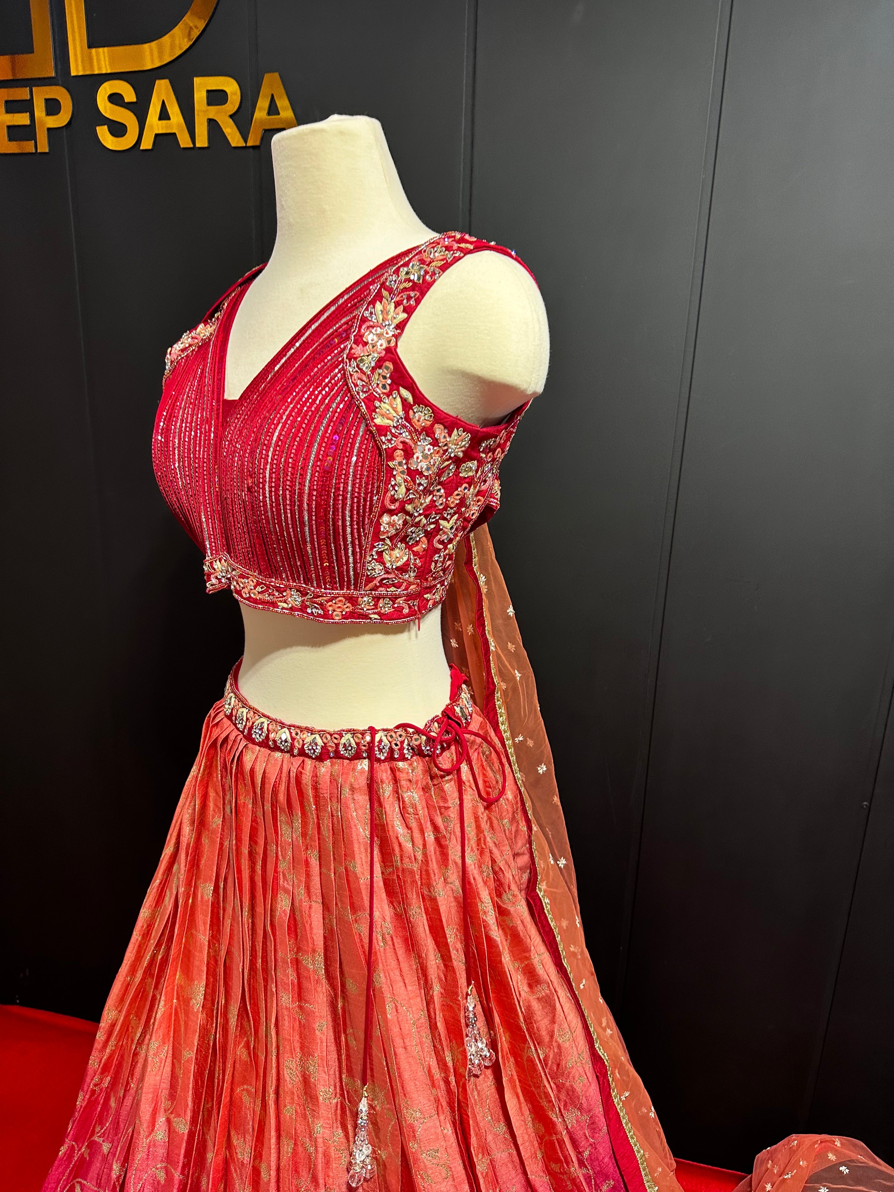 Maroon Orange Double Shaded Handwork Rawsilk Lehenga