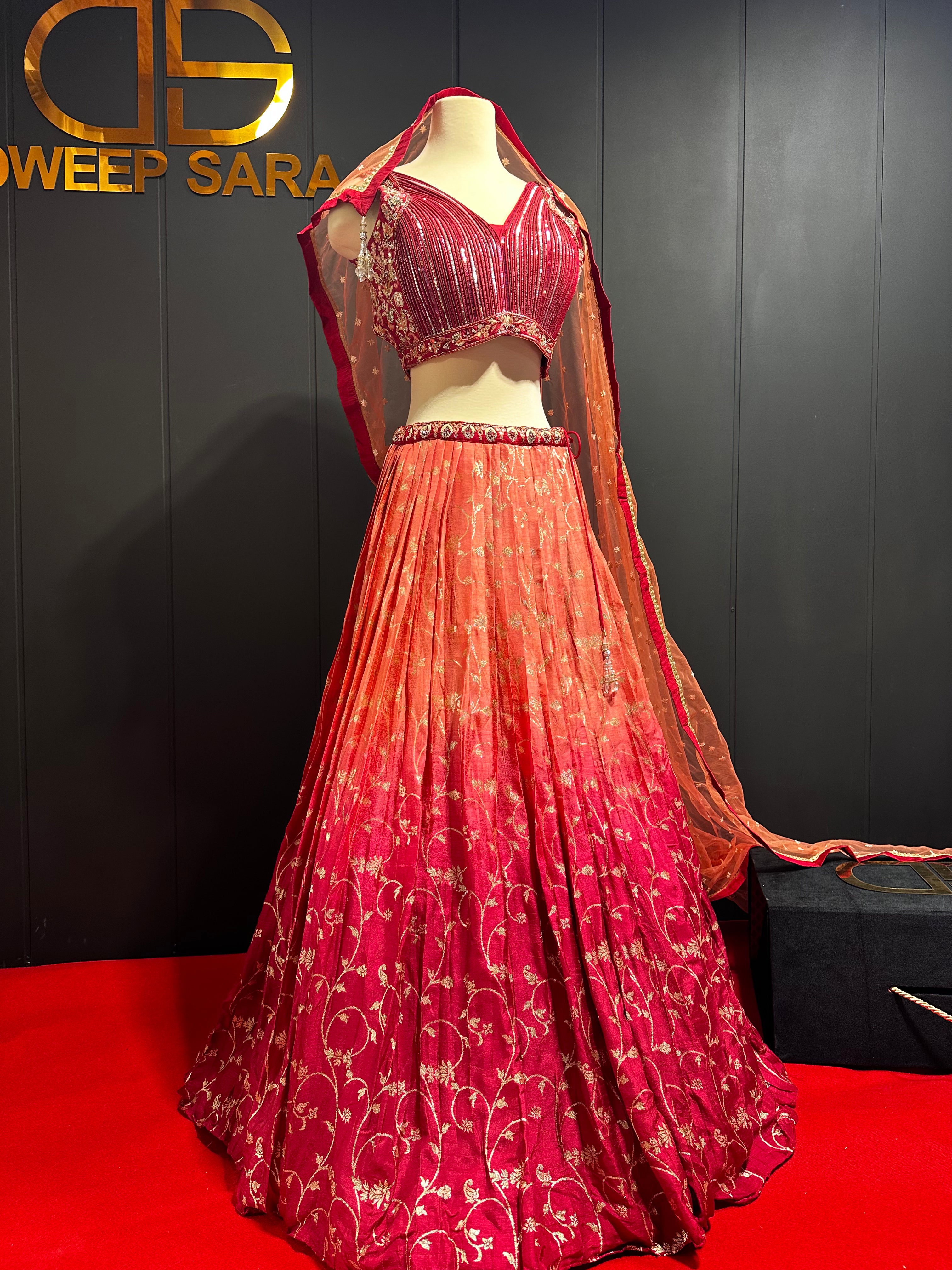 Maroon Orange Double Shaded Handwork Rawsilk Lehenga