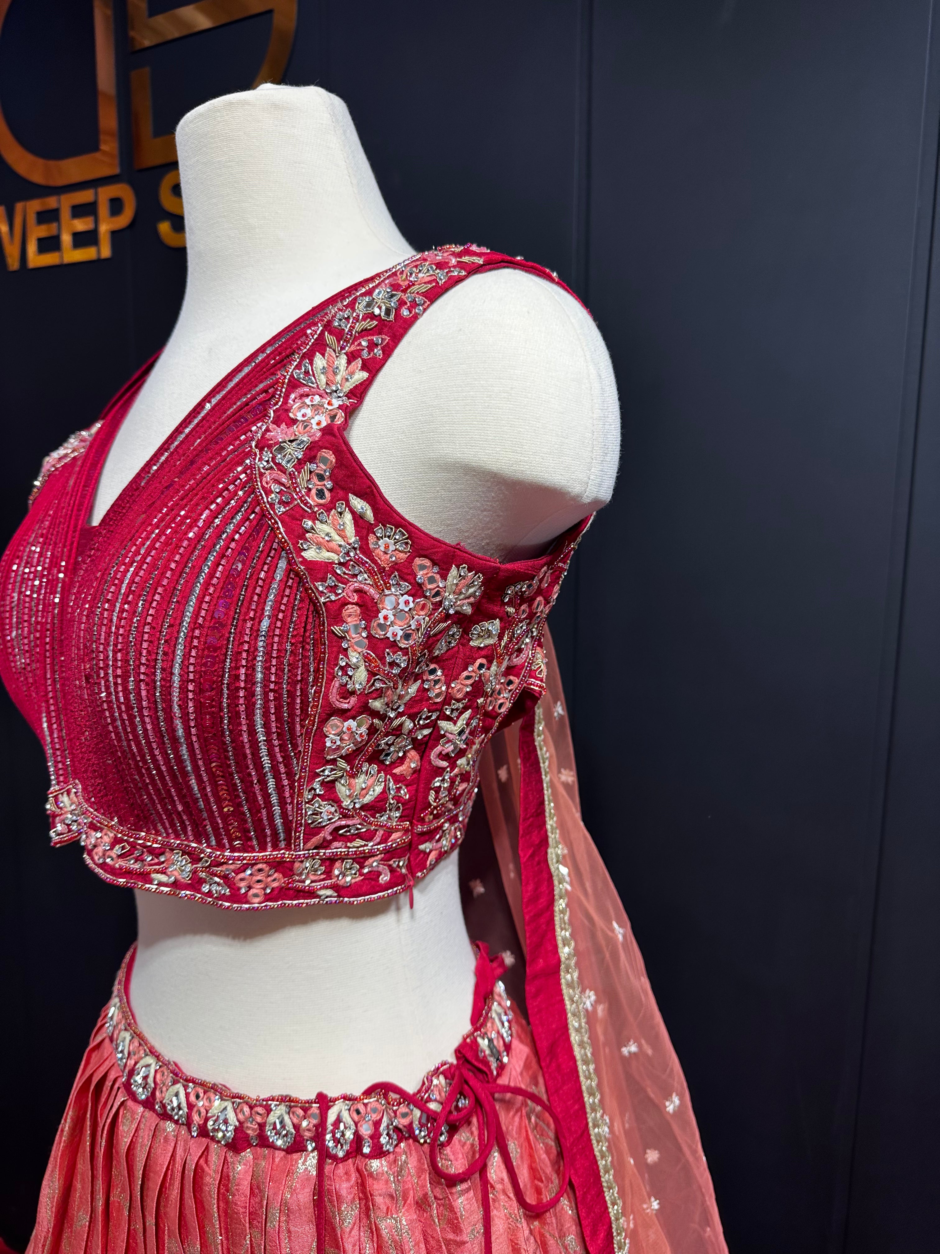 Maroon Orange Double Shaded Handwork Rawsilk Lehenga