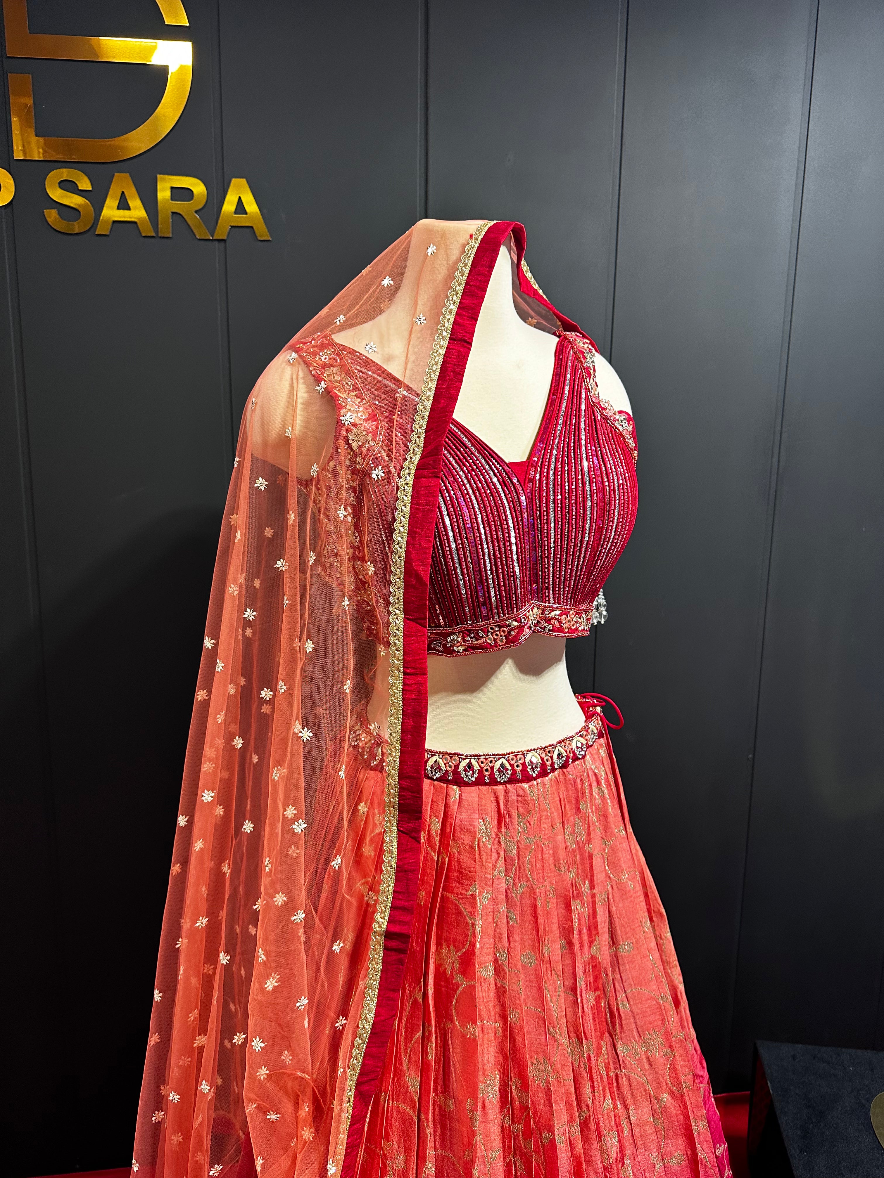 Maroon Orange Double Shaded Handwork Rawsilk Lehenga