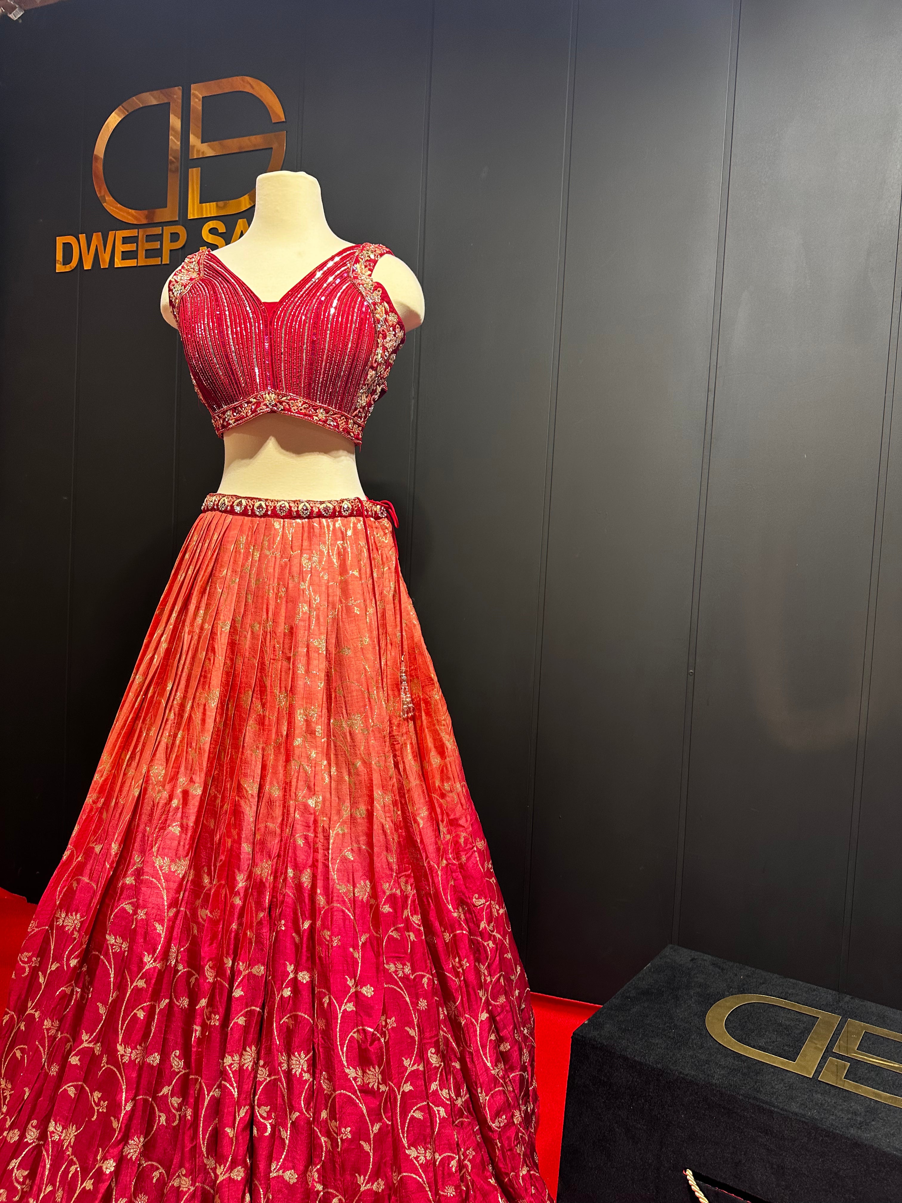 Maroon Orange Double Shaded Handwork Rawsilk Lehenga