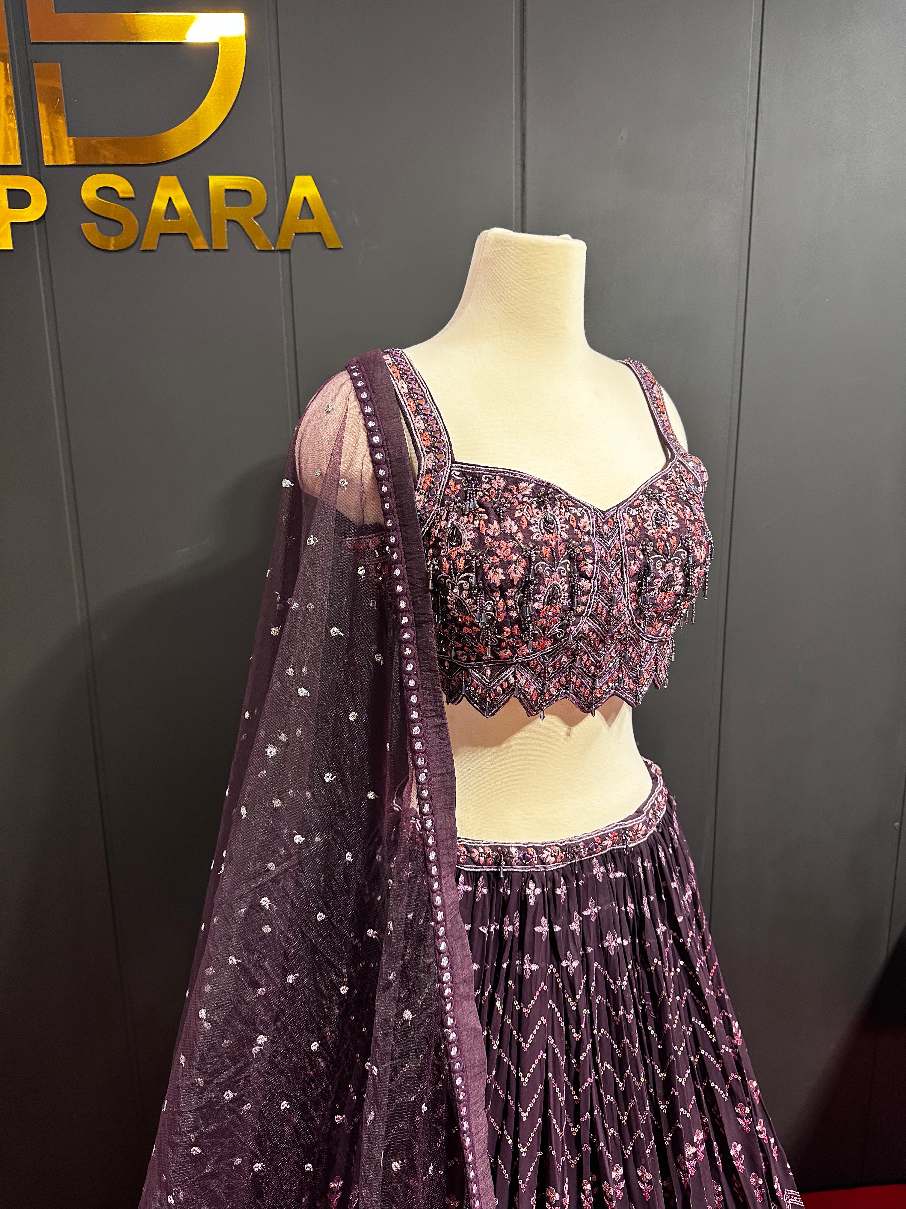 Raw Silk Wine Handmade Resham ThreadWork Lehenga