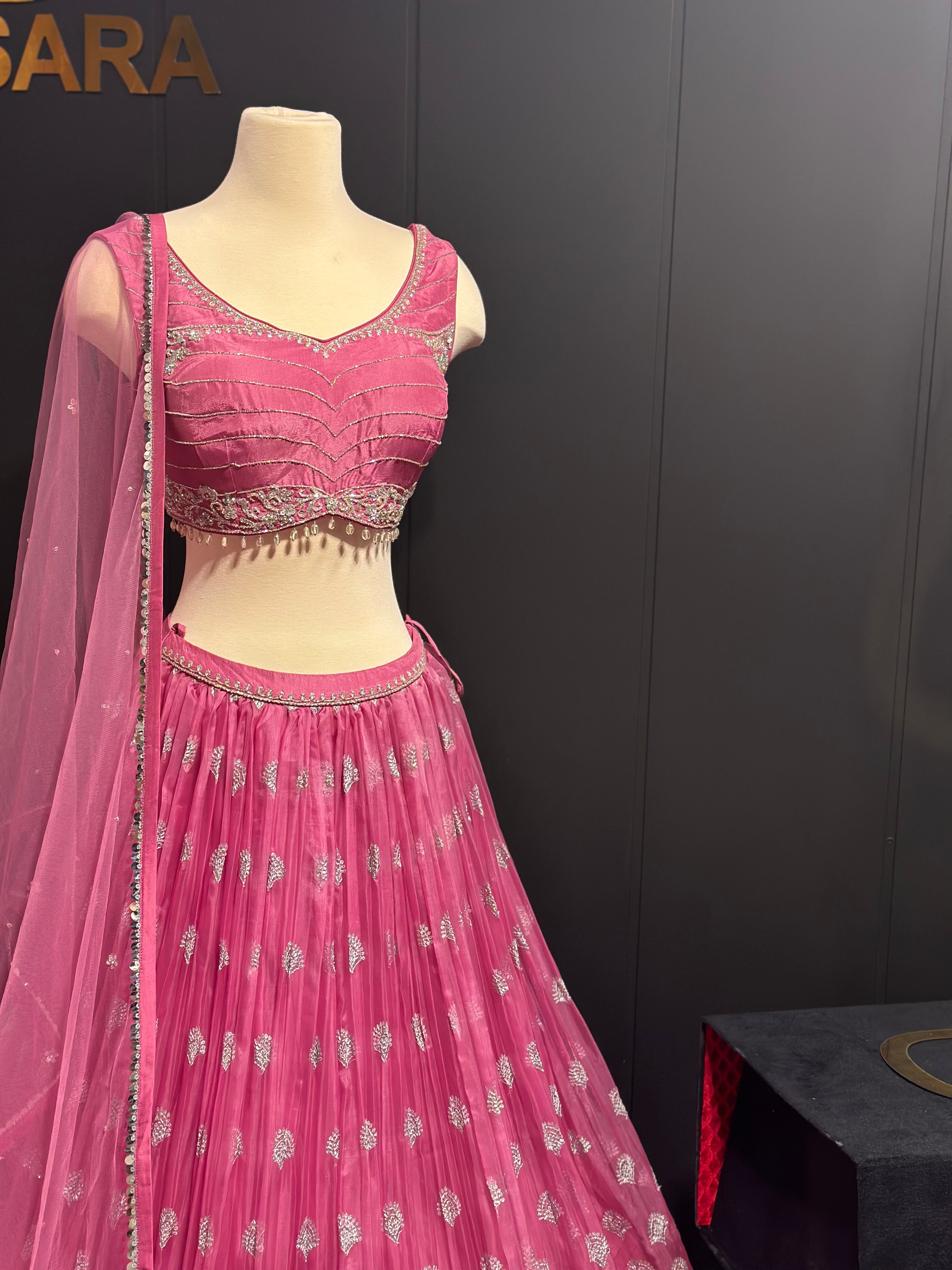 Pink Raw Silk Handmade Sequins Lehenga