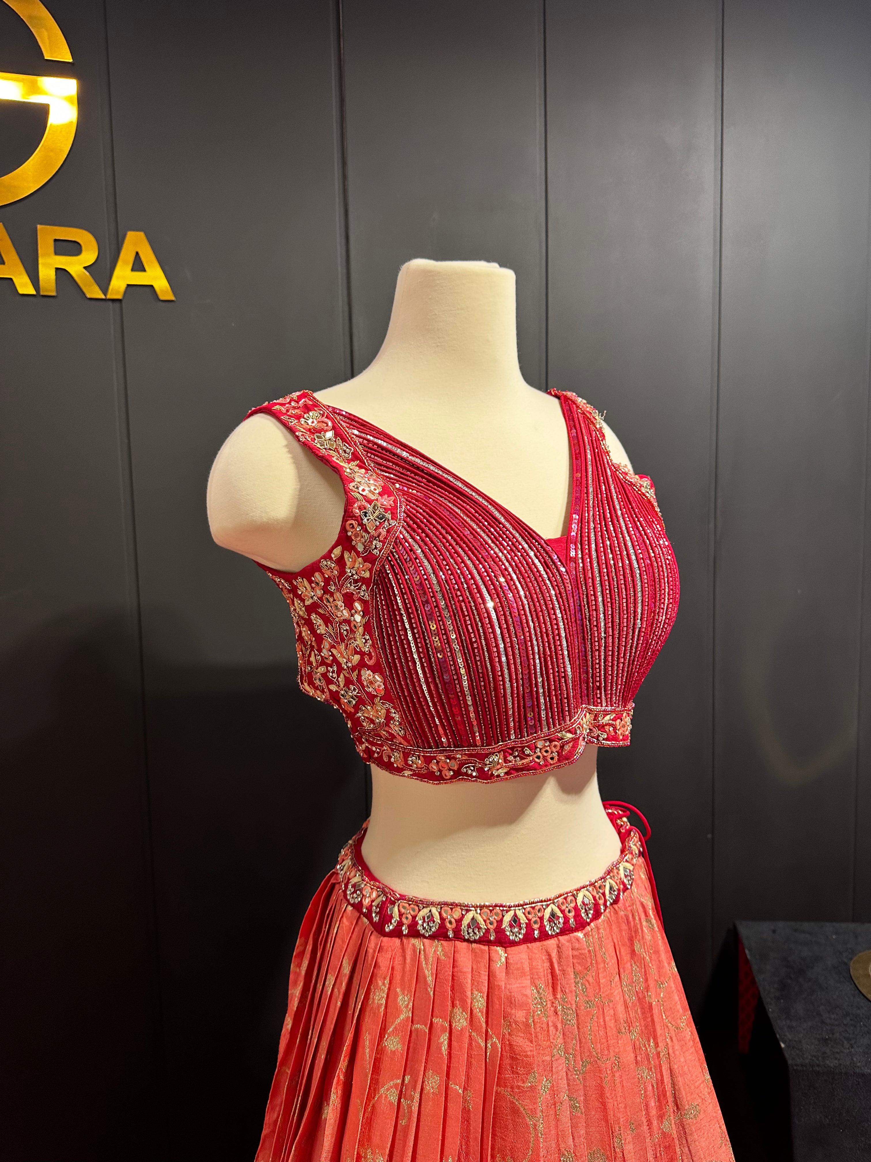 Maroon Orange Double Shaded Handwork Rawsilk Lehenga