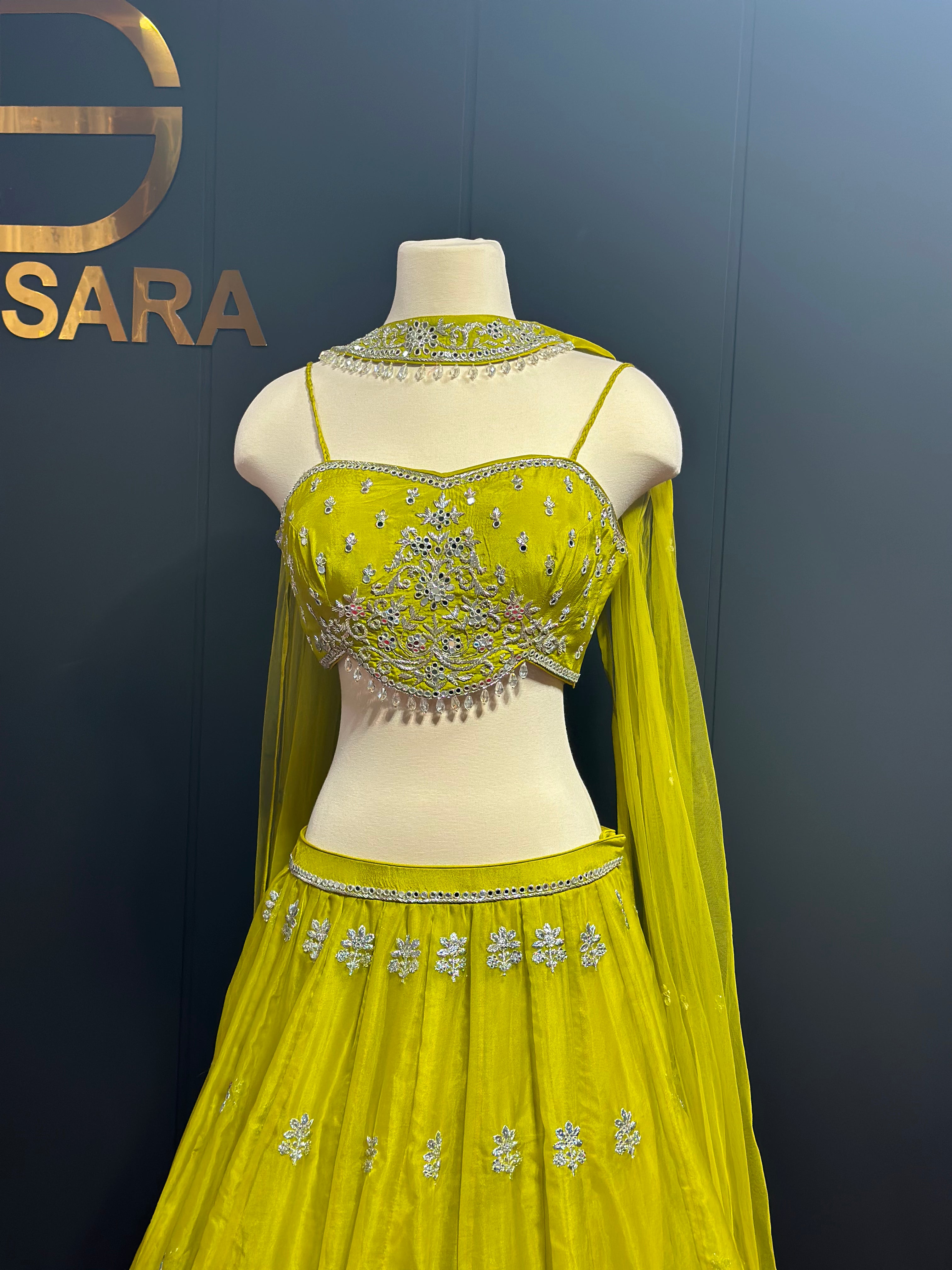 Mehndi Green Mirror Beads Handwork Lehenga