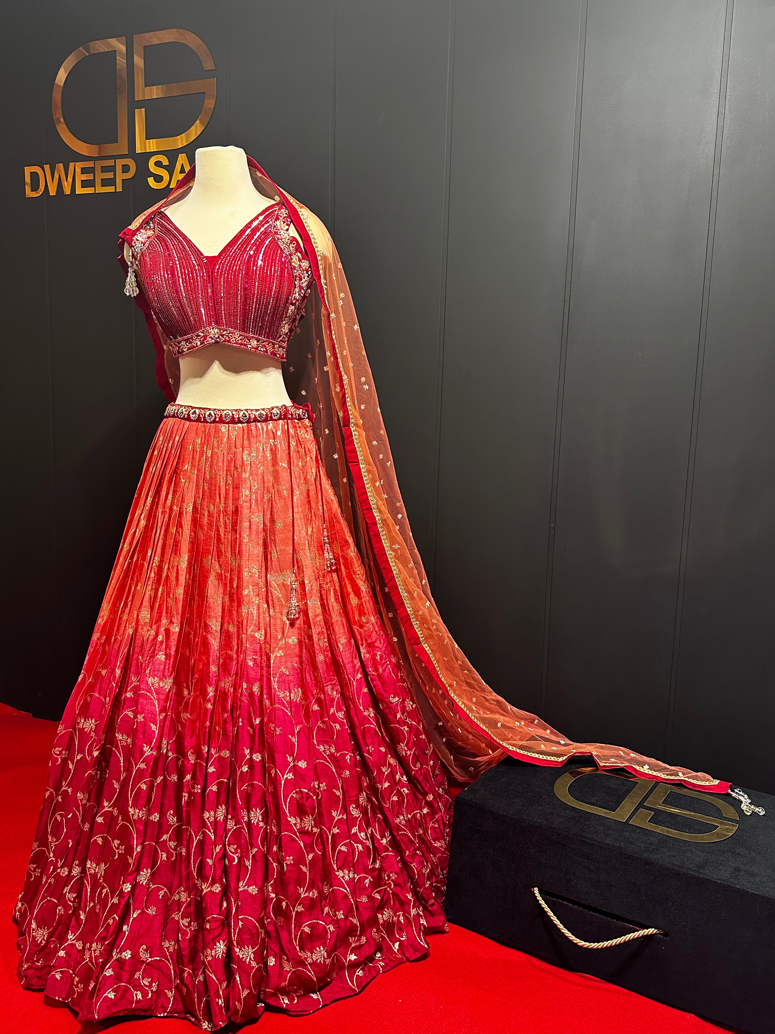 Maroon Orange Double Shaded Handwork Rawsilk Lehenga