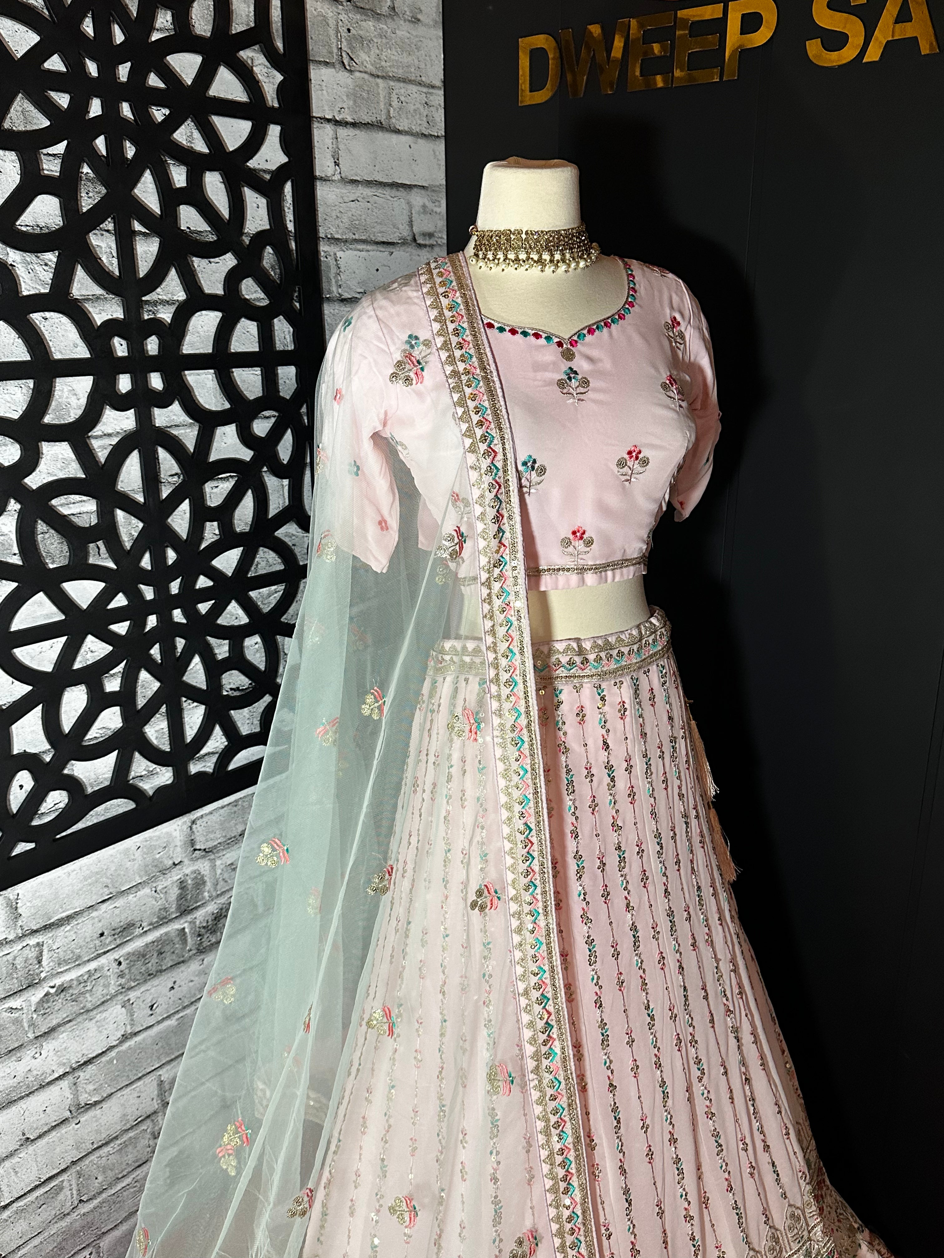 Pink Fully Embroidered Georgette Net Dupatta Lehenga Set