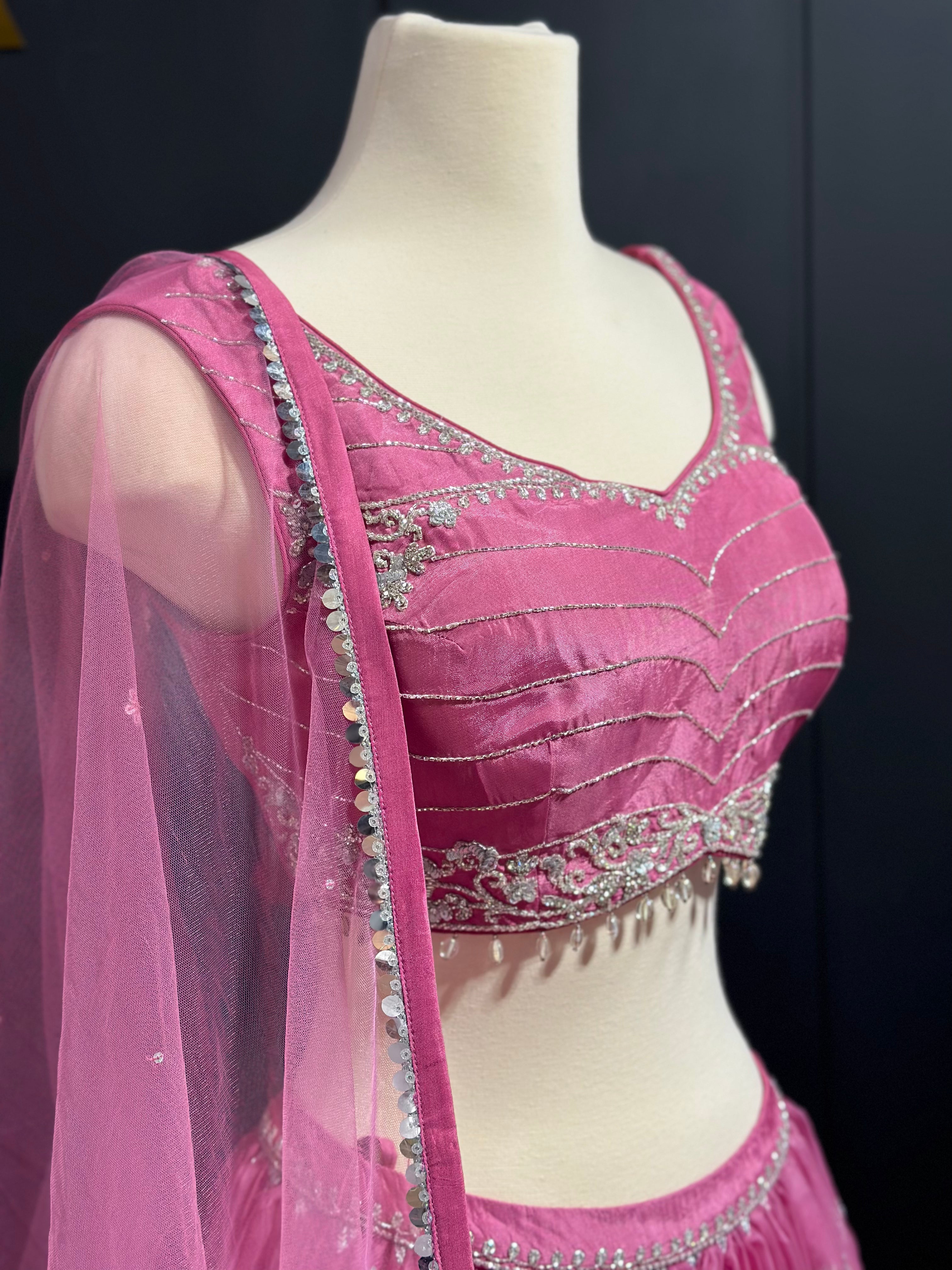 Pink Raw Silk Handmade Sequins Lehenga