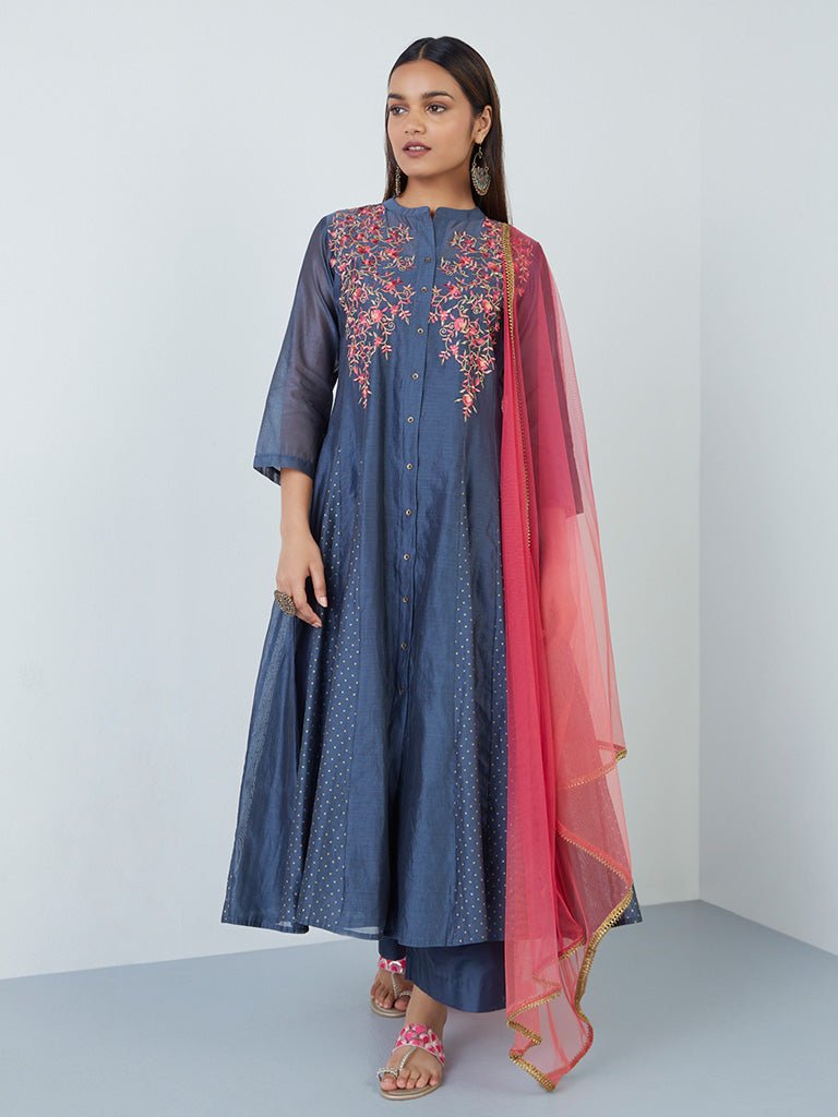 Indigo Floral Embroidery Anarkali Suit Set - DWEEP SARA