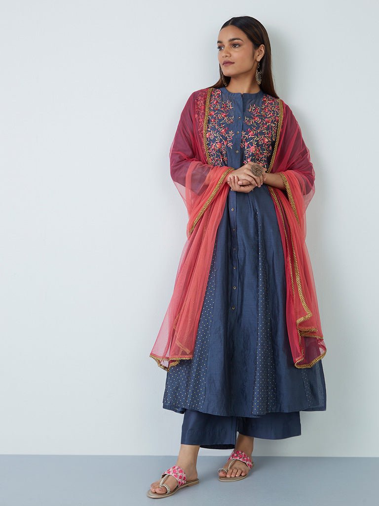 Indigo Floral Embroidery Anarkali Suit Set - DWEEP SARA