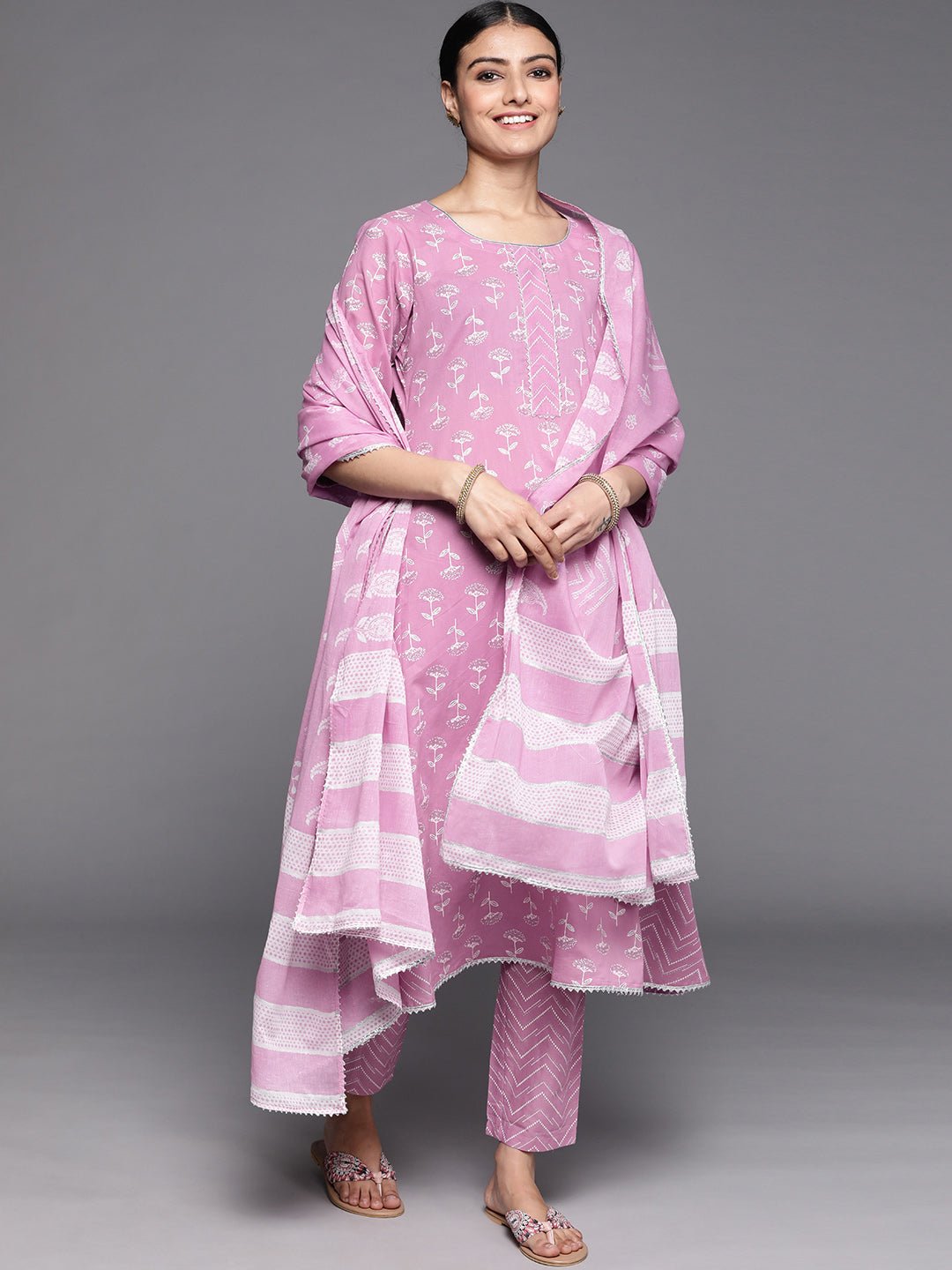 Lavender Floral Printed Cotton Suit Set - DWEEP SARA