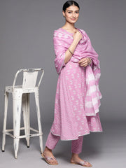 Lavender Floral Printed Cotton Suit Set - DWEEP SARA