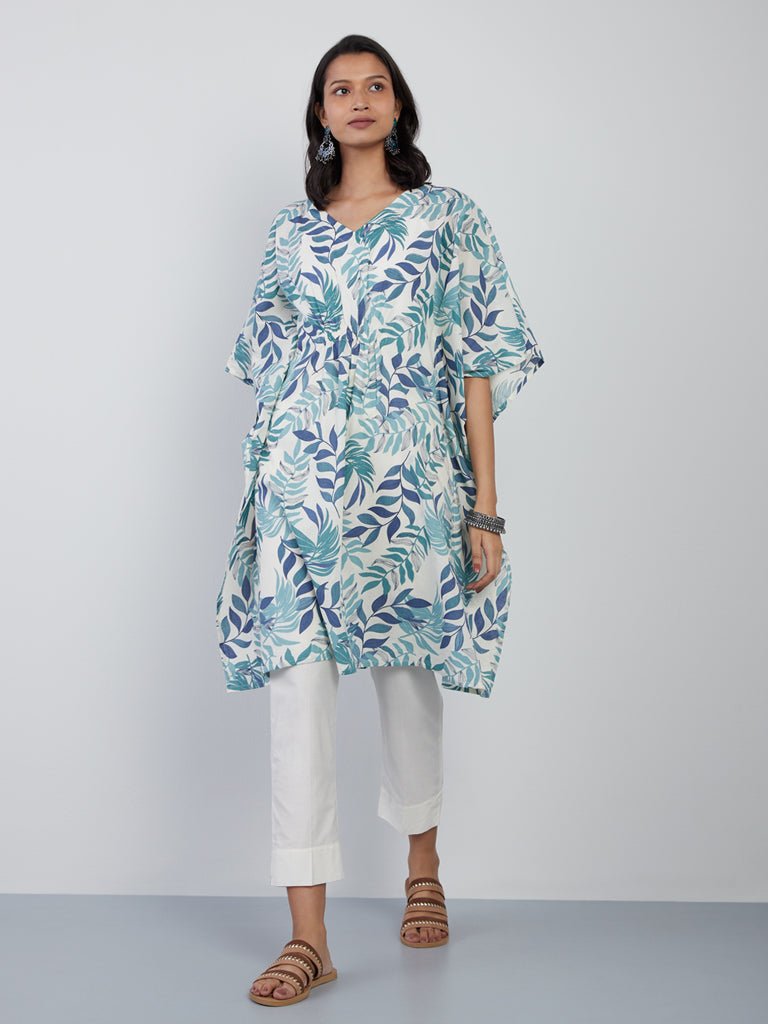 Leaf Printed Blue Kaftan - DWEEP SARA