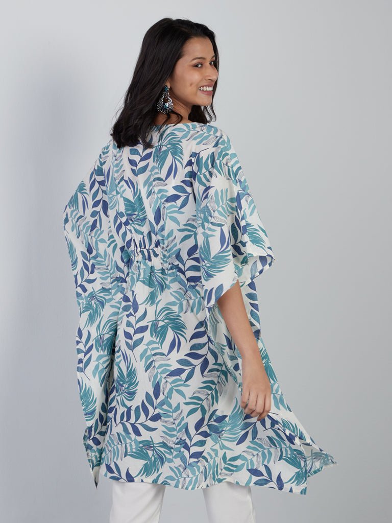 Leaf Printed Blue Kaftan - DWEEP SARA