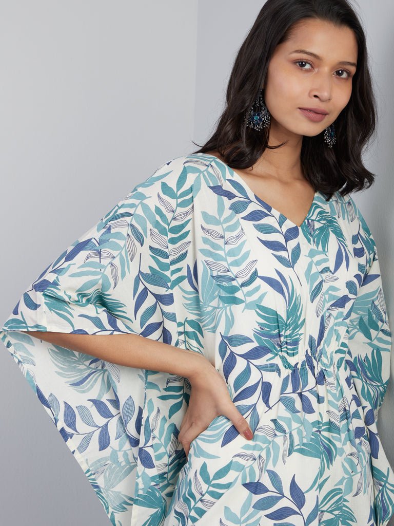 Leaf Printed Blue Kaftan - DWEEP SARA