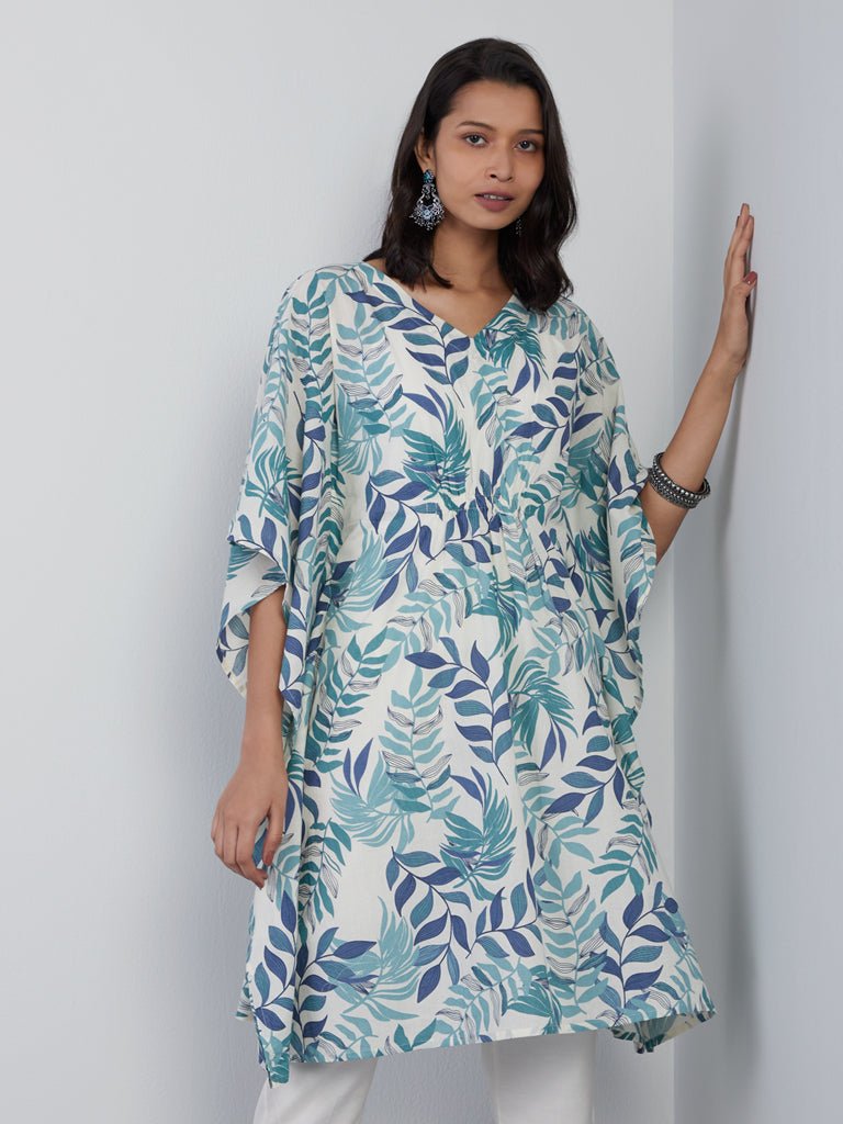 Leaf Printed Blue Kaftan - DWEEP SARA