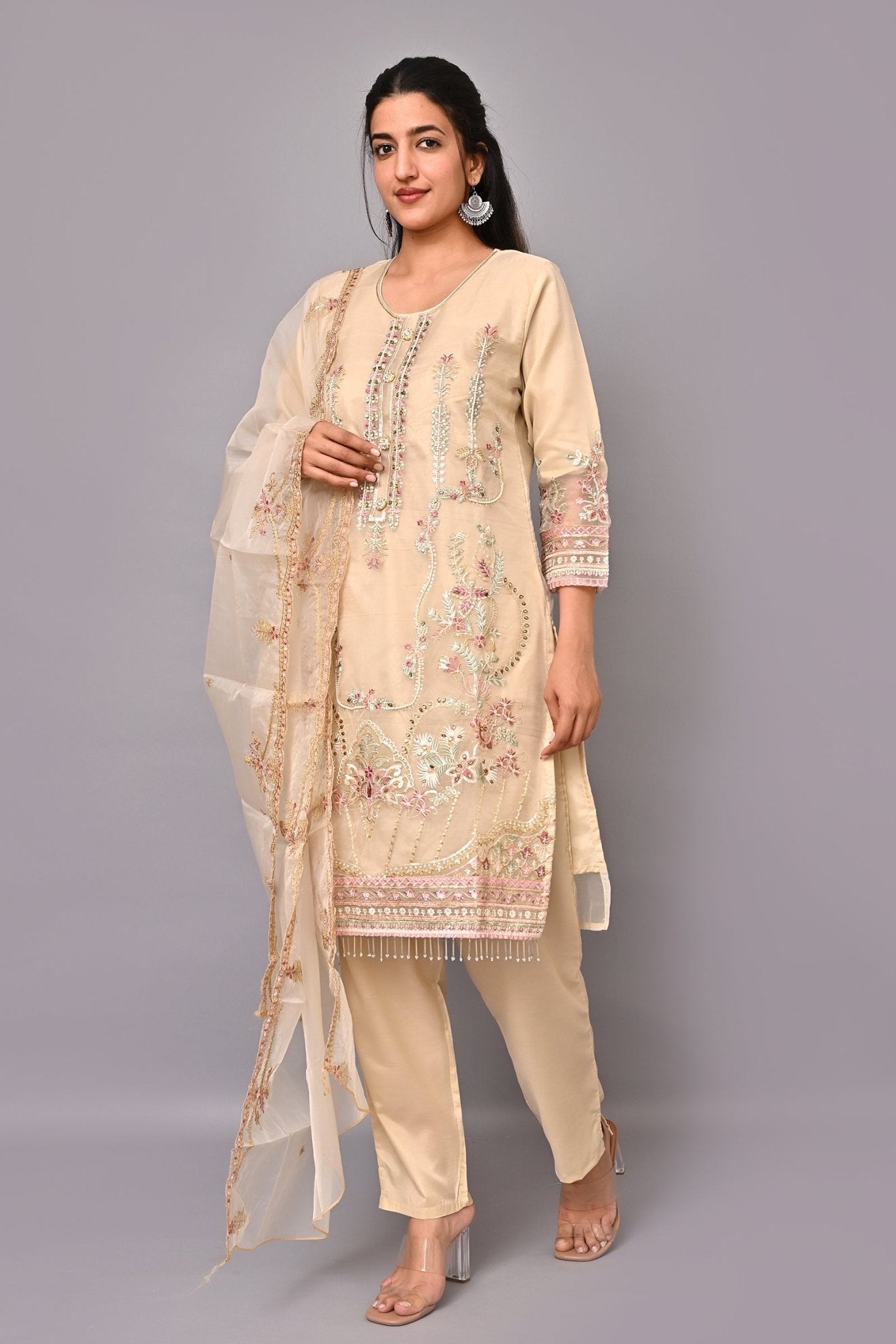 Light Peach Embroidered Kurta Set with Pant and Dupatta - DWEEP SARA