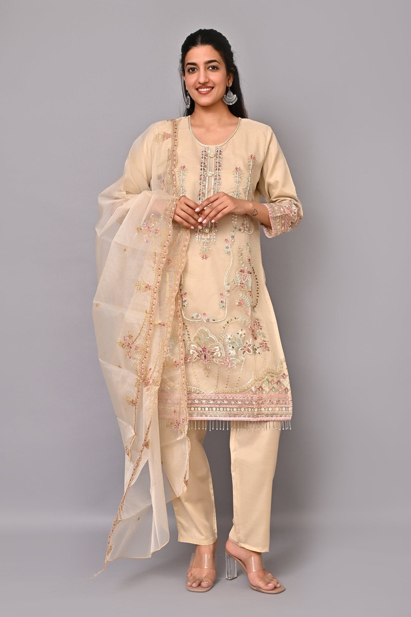 Light Peach Embroidered Kurta Set with Pant and Dupatta - DWEEP SARA