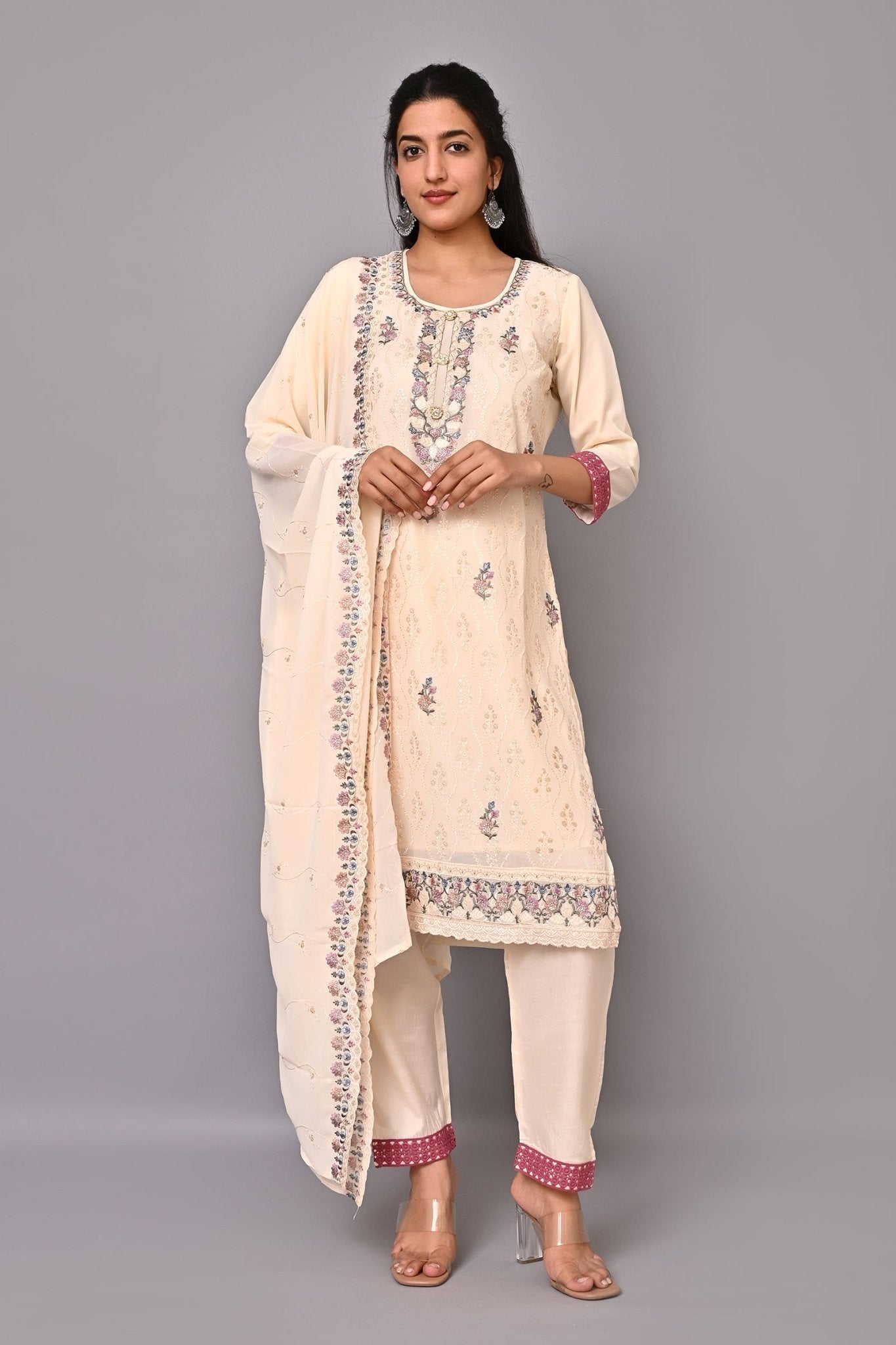Light Peach Georgette Embroidered Kurta Set with Pant and Dupatta - DWEEP SARA