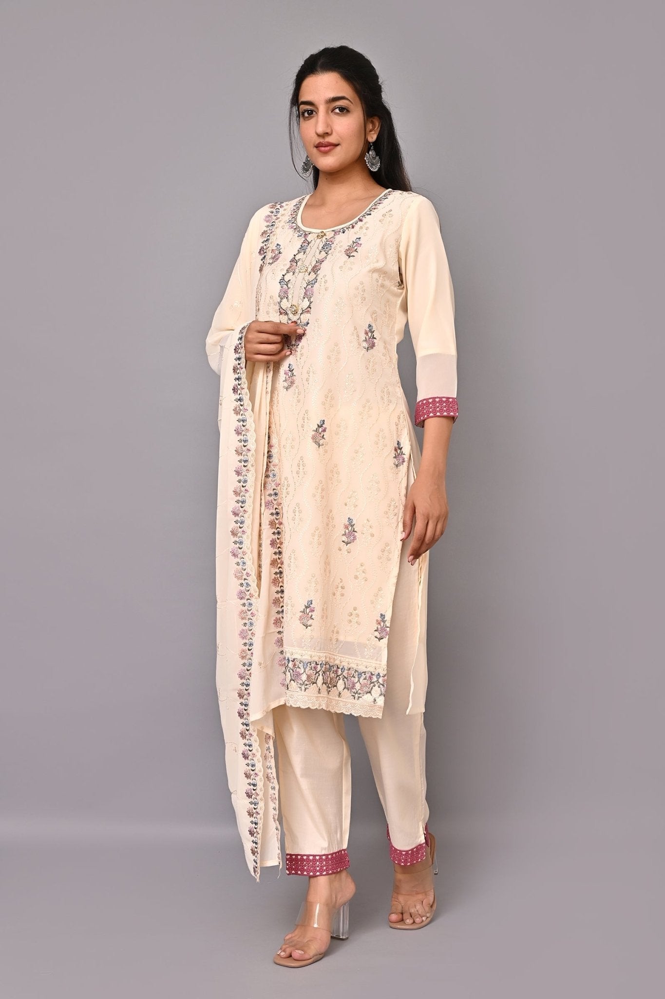 Light Peach Georgette Embroidered Kurta Set with Pant and Dupatta - DWEEP SARA