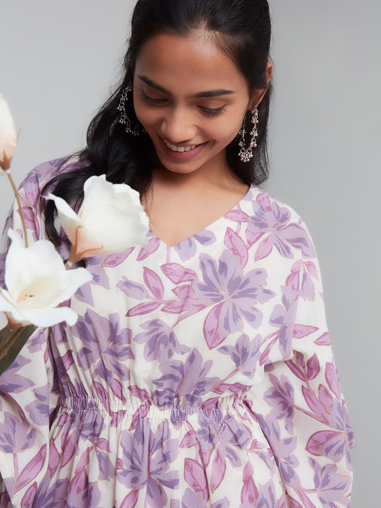 Lilac Floral Printed Kaftan - DWEEP SARA