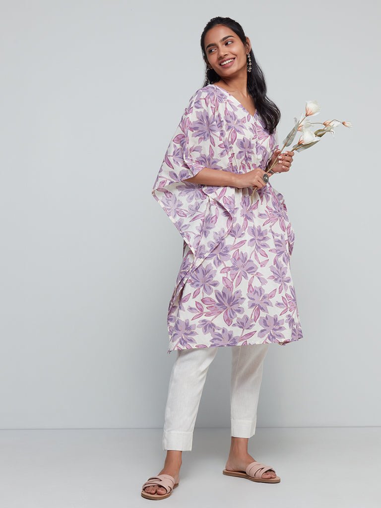 Lilac Floral Printed Kaftan - DWEEP SARA