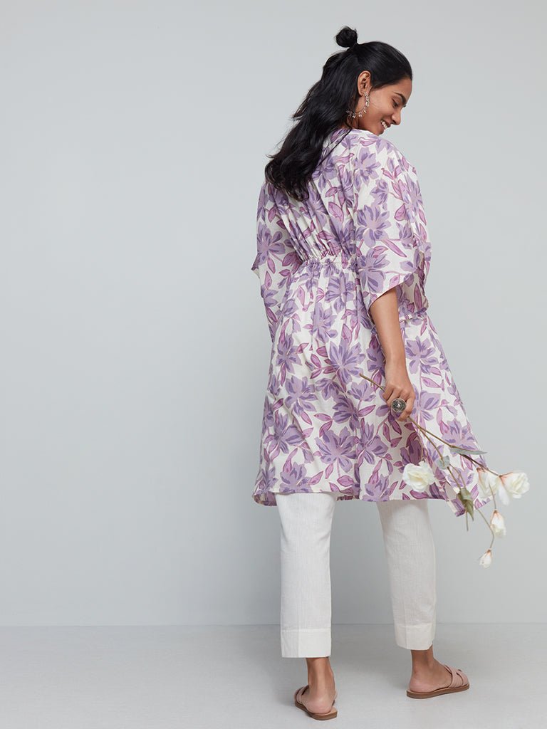 Lilac Floral Printed Kaftan - DWEEP SARA