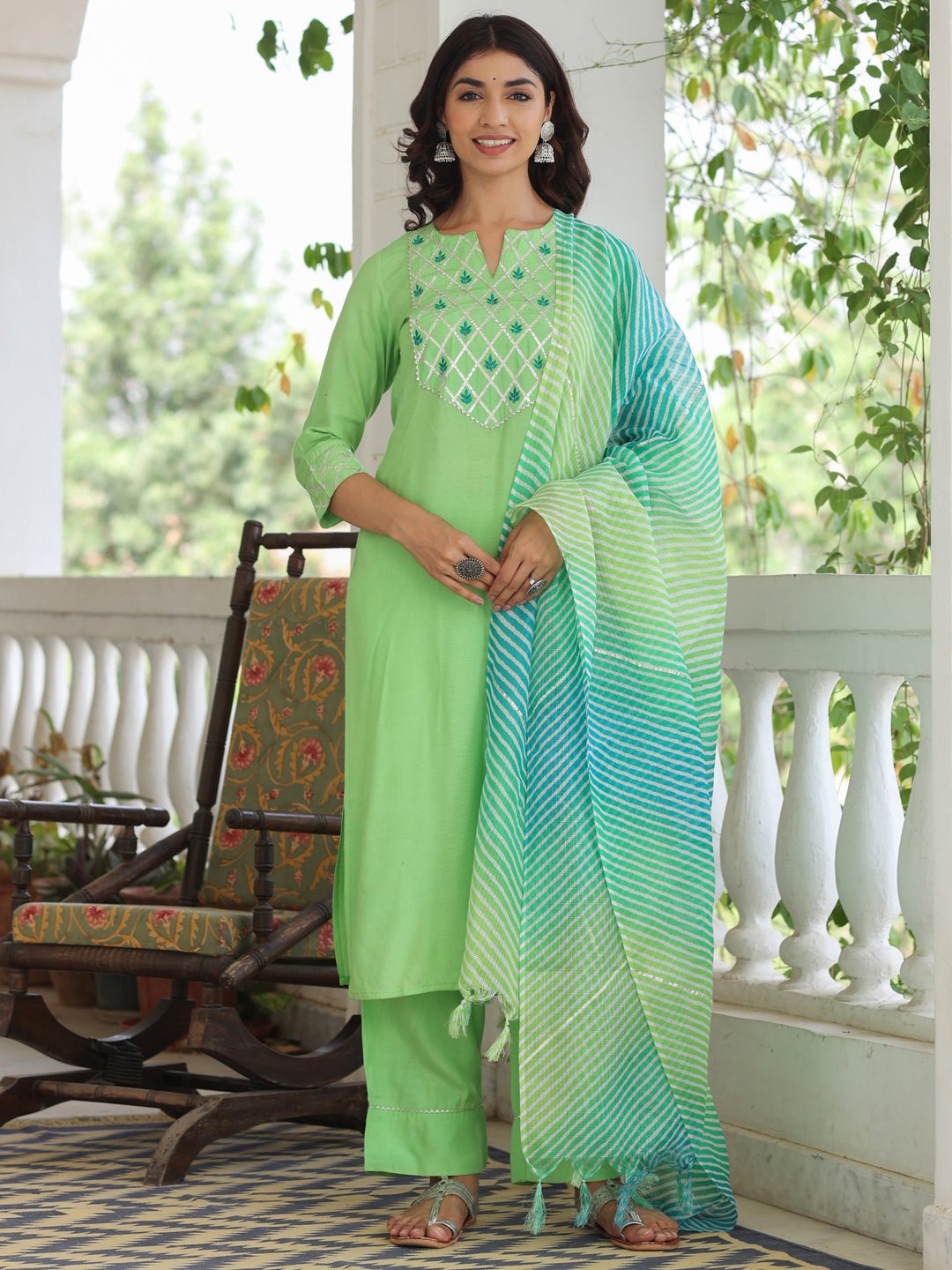 Lime Embroidered Rayon Suit Set - DWEEP SARA