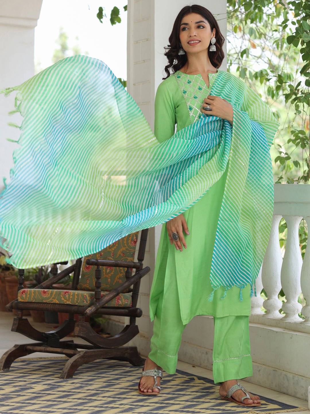 Lime Embroidered Rayon Suit Set - DWEEP SARA