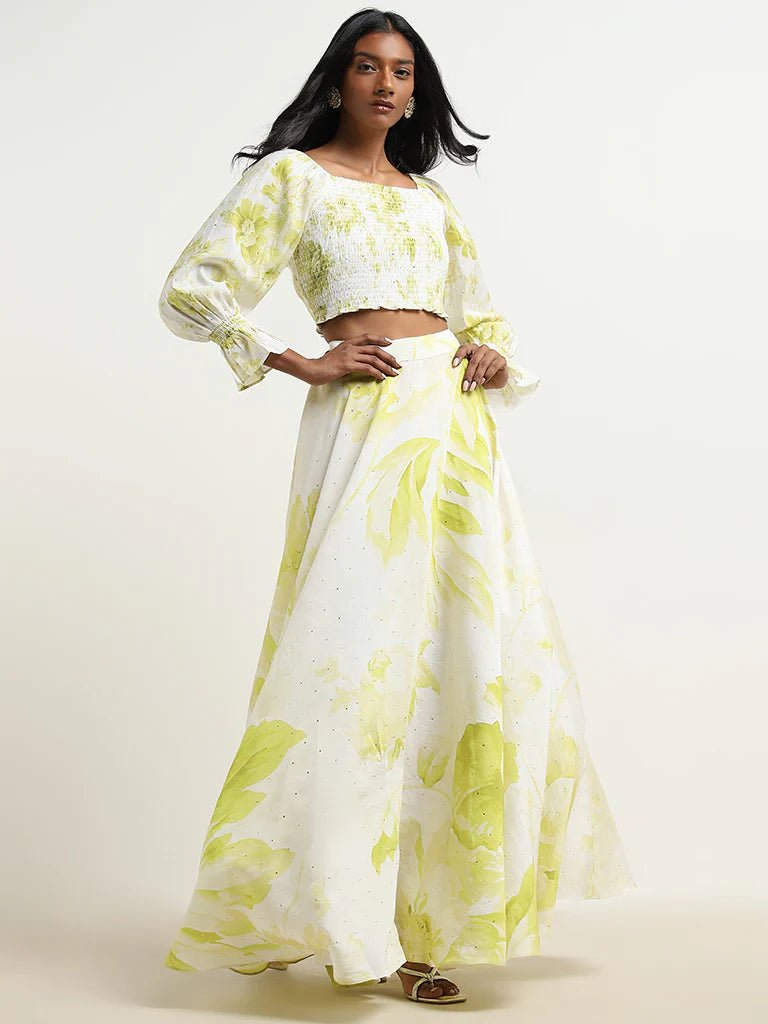 Lime Floral Smocked Top and Skirt Set - DWEEP SARA