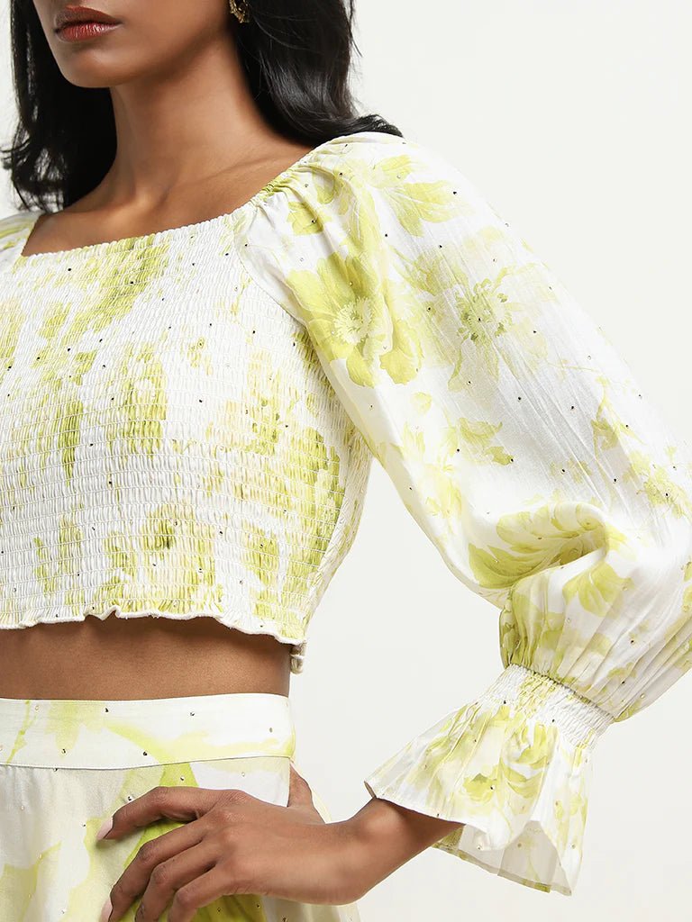 Lime Floral Smocked Top and Skirt Set - DWEEP SARA