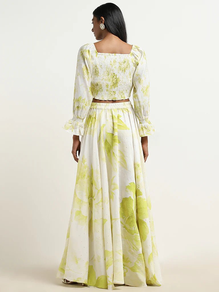 Lime Floral Smocked Top and Skirt Set - DWEEP SARA