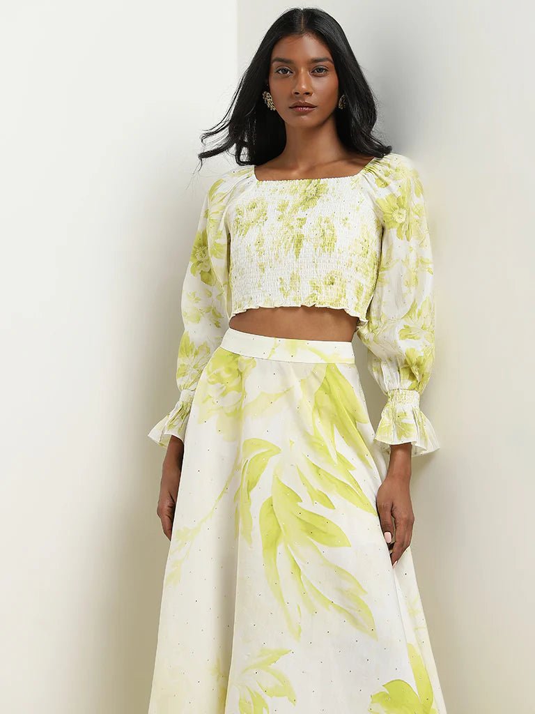 Lime Floral Smocked Top and Skirt Set - DWEEP SARA