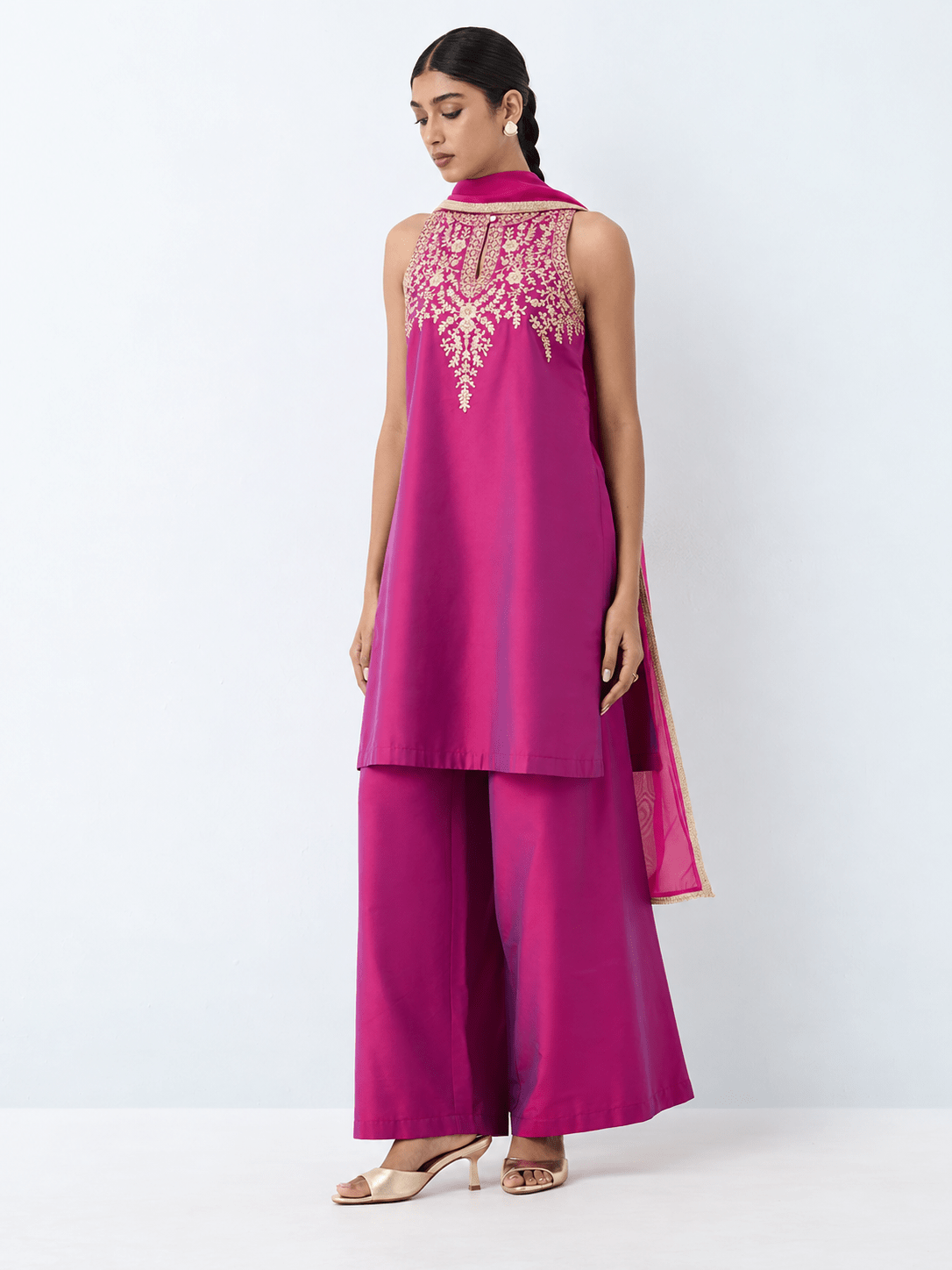 Magenta Embroidered Kurta Palazzo Dupatta Set - DWEEP SARA