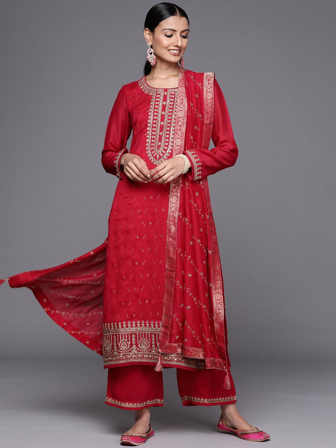 Magenta Zari Embroidered Silk Blend Suit Set - DWEEP SARA