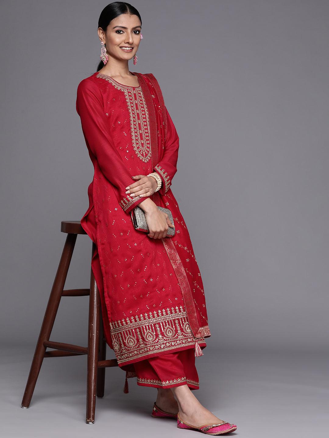 Magenta Zari Embroidered Silk Blend Suit Set - DWEEP SARA