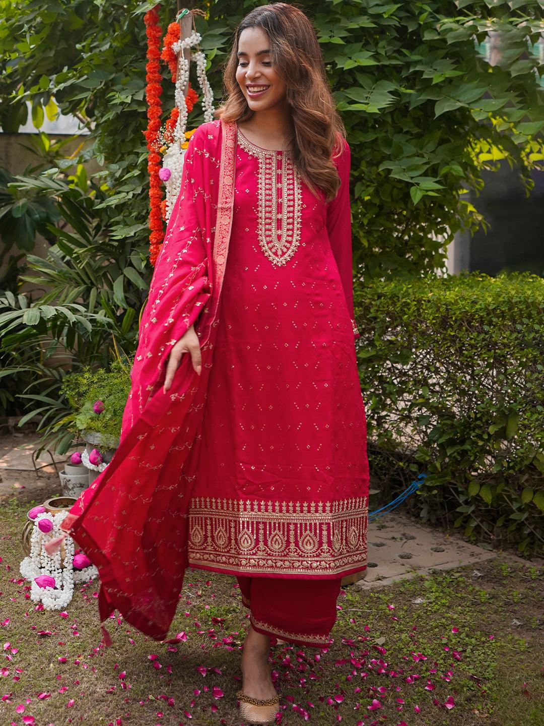 Magenta Zari Embroidered Silk Blend Suit Set - DWEEP SARA