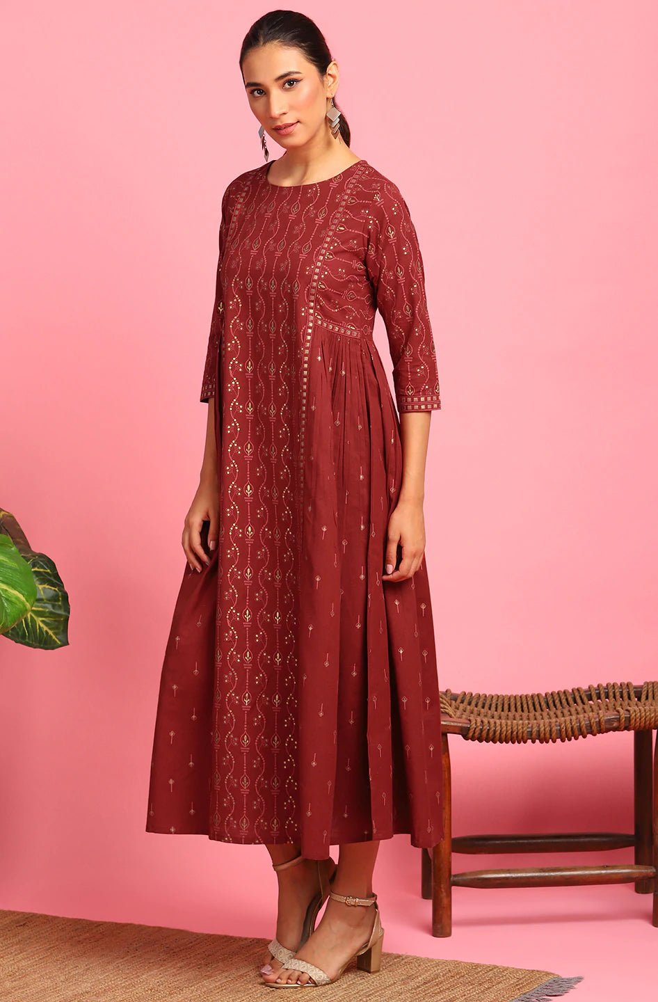 Maroon Cotton Flex Dress - DWEEP SARA