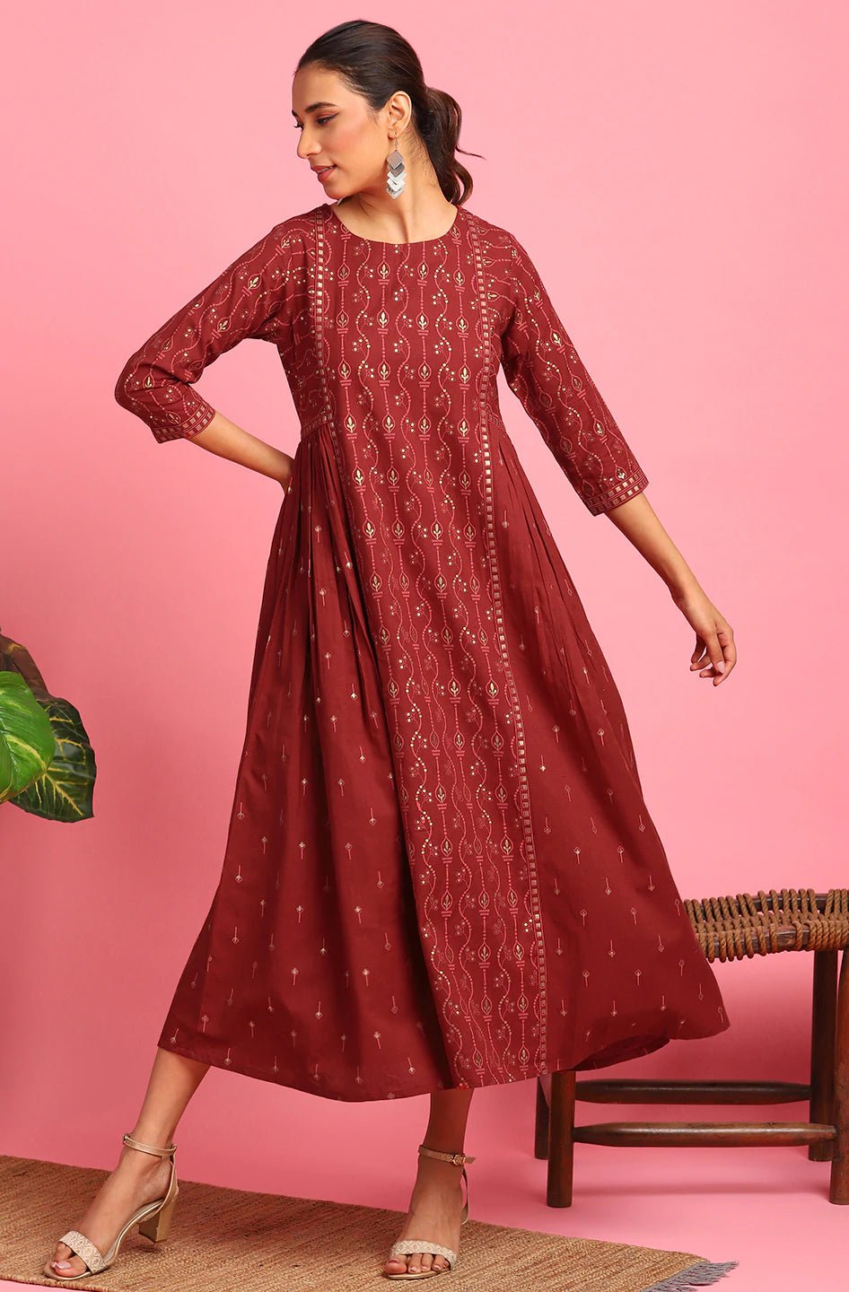 Maroon Cotton Flex Dress - DWEEP SARA