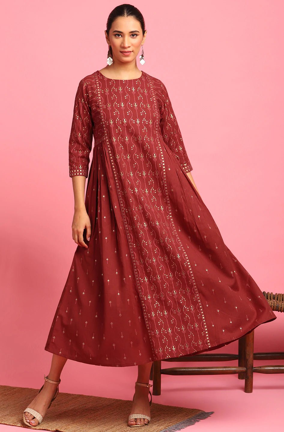 Maroon Cotton Flex Dress - DWEEP SARA