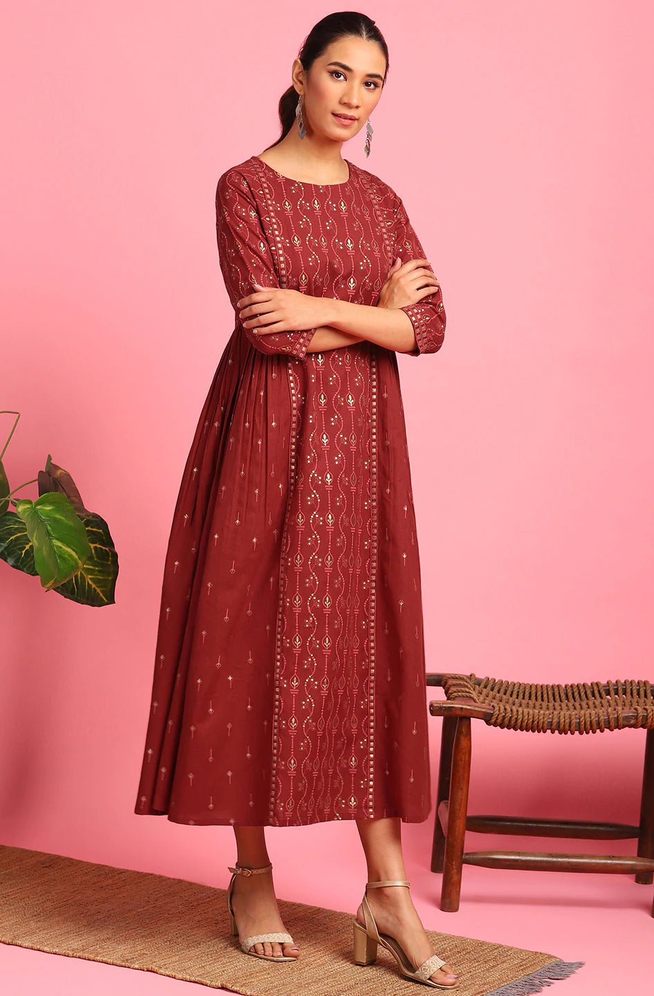 Maroon Cotton Flex Dress - DWEEP SARA