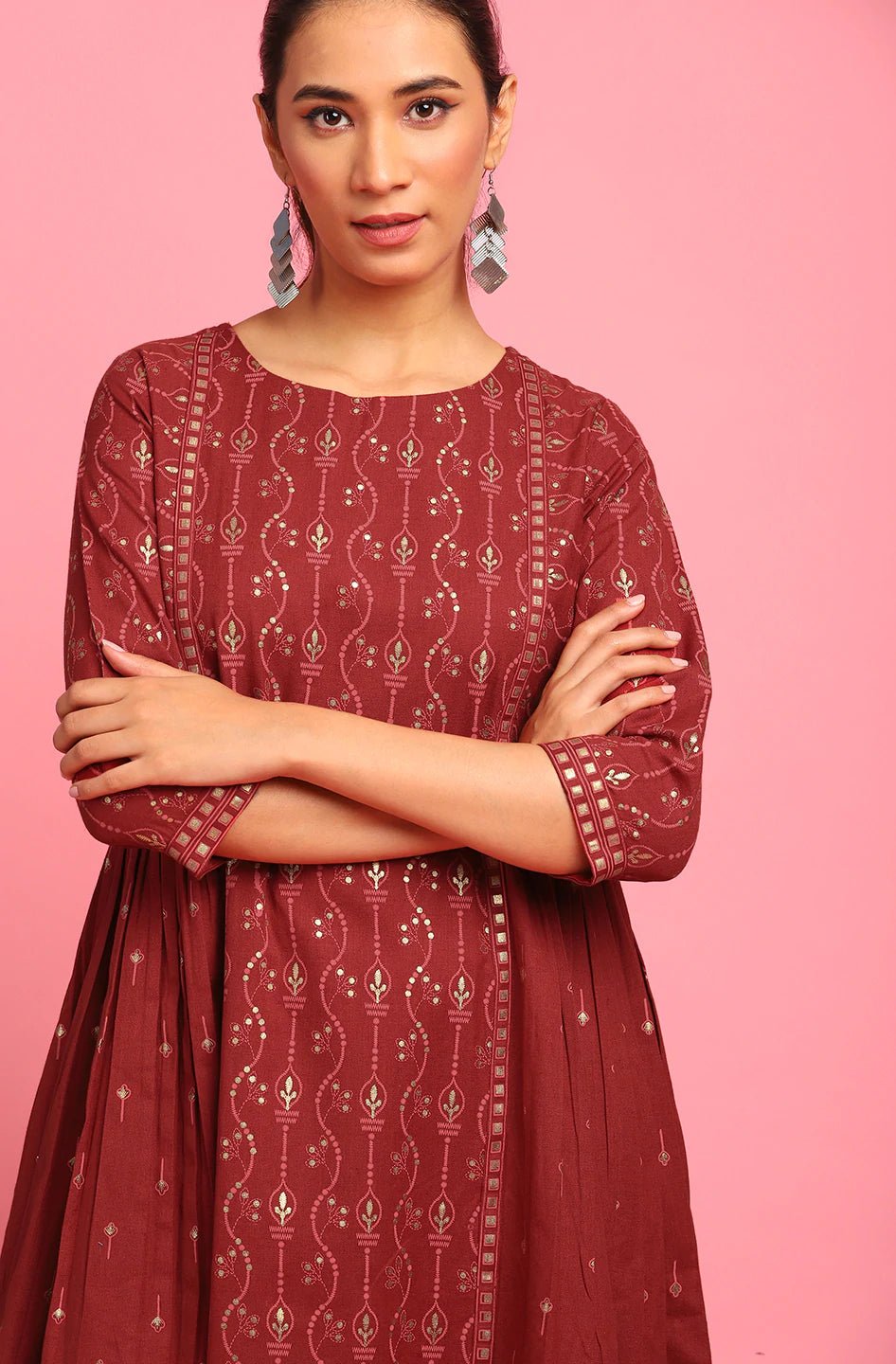 Maroon Cotton Flex Dress - DWEEP SARA