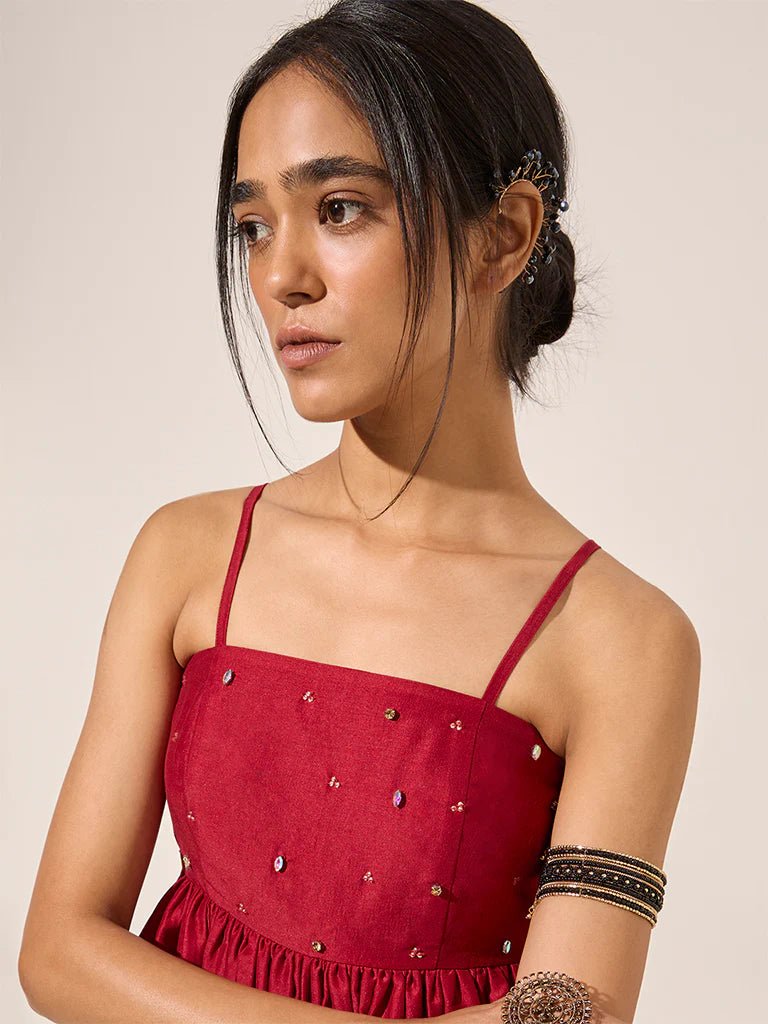 Maroon Embellished Blouse & Plazzo Set - DWEEP SARA